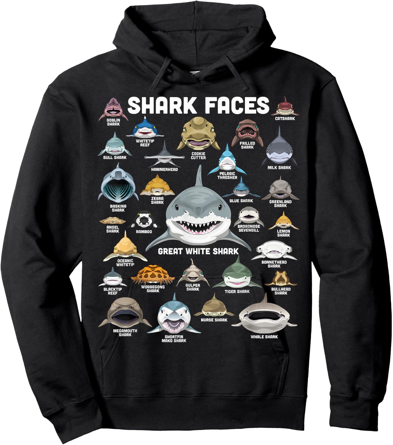 Shark Faces Shirt Shark Types Funny Biology Navy Shark , Black, S Hoodie - Hoodie | Black