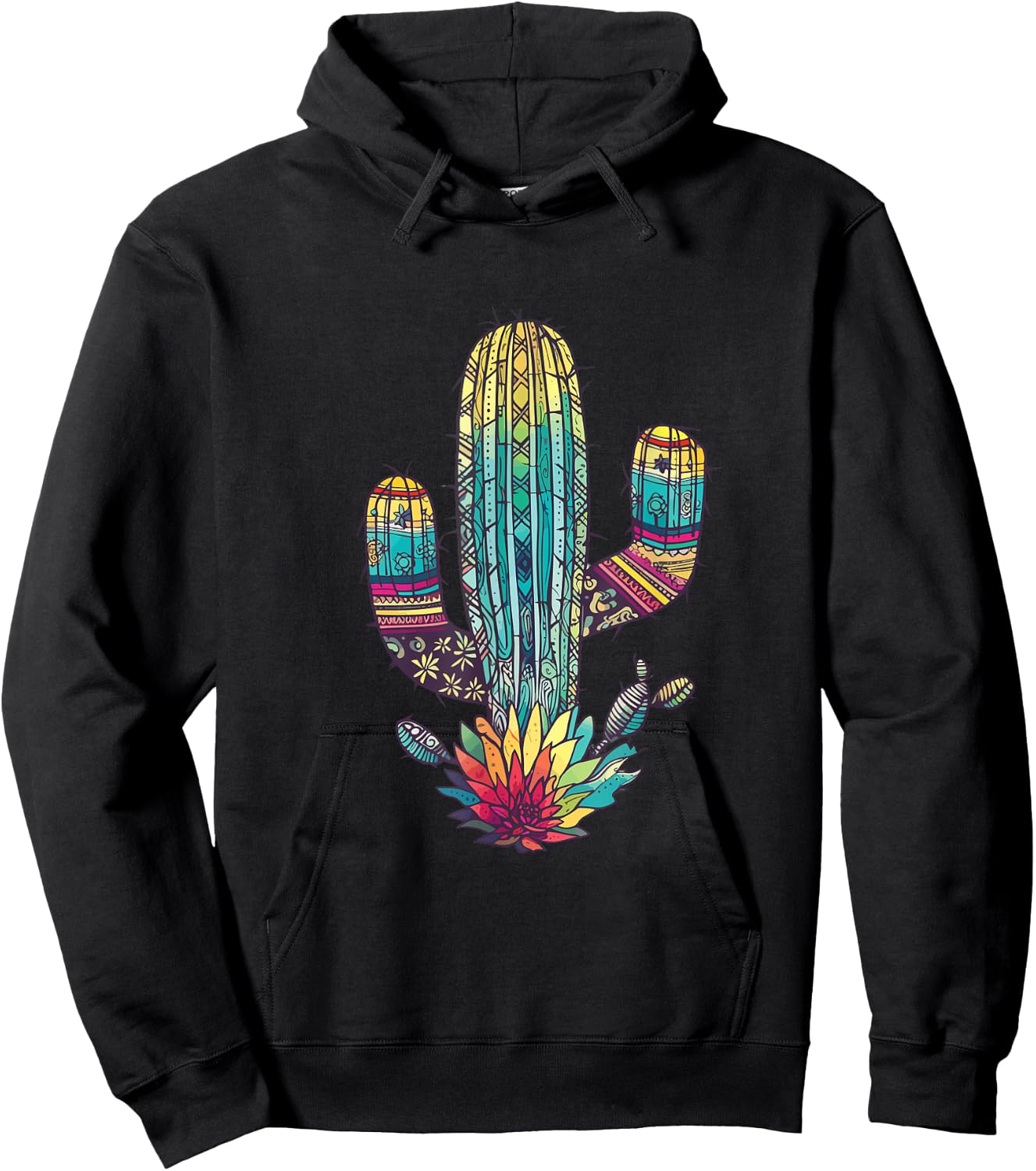 Serape Cactus Print Turquoise Western Saguaro Cactus Hoodie - Hoodie | Black