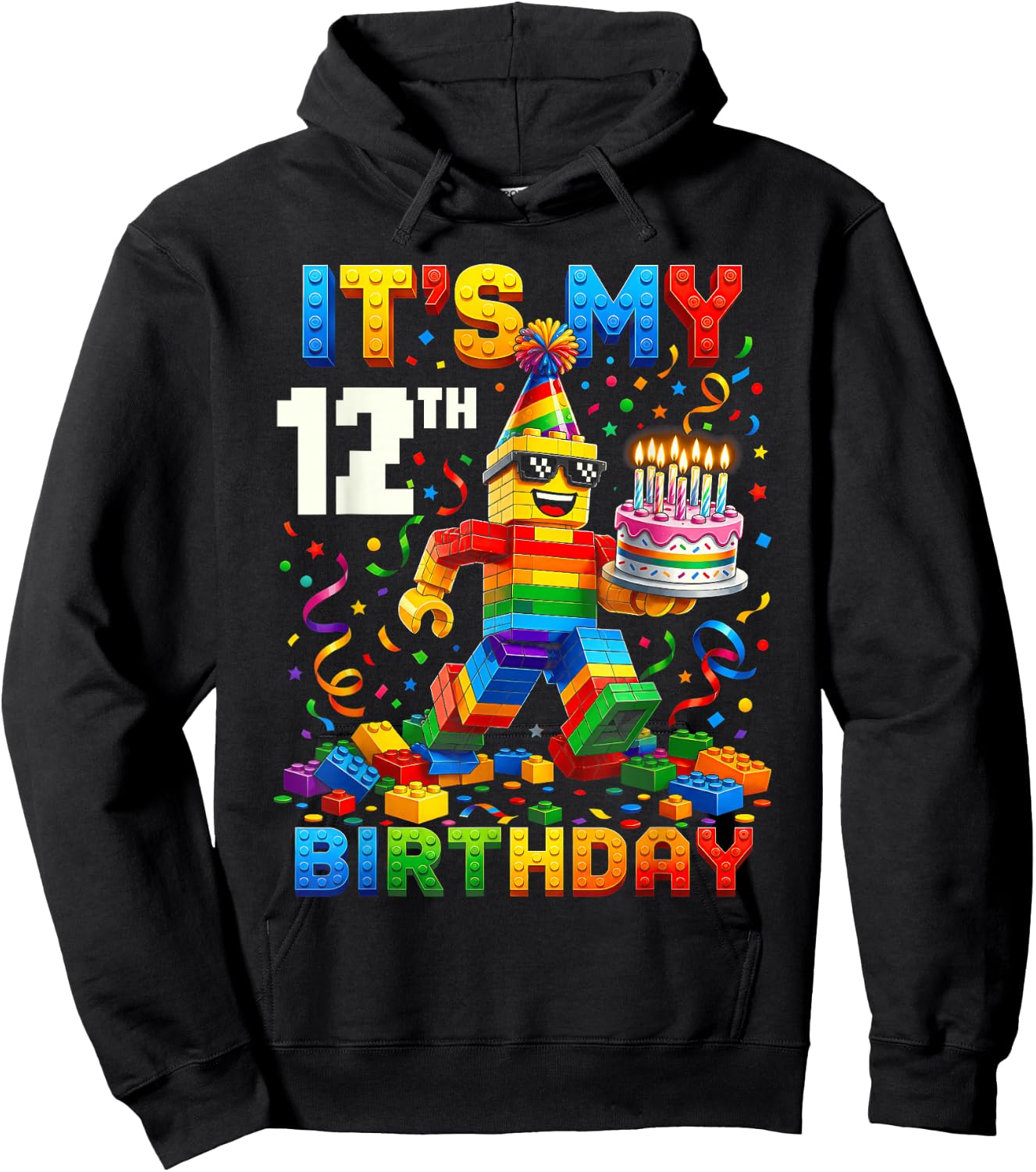 It's My 12th Birthday Building Brick 12 Years Old Kids Boys Hoodie - Hoodie | Black