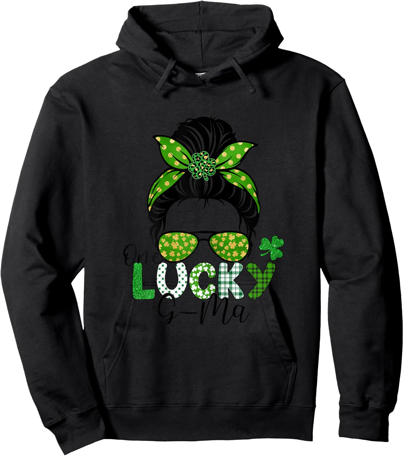 One Lucky G-Ma St Patricks Day Leopard Shamrock Messy Bun Hoodie - Hoodie | Black