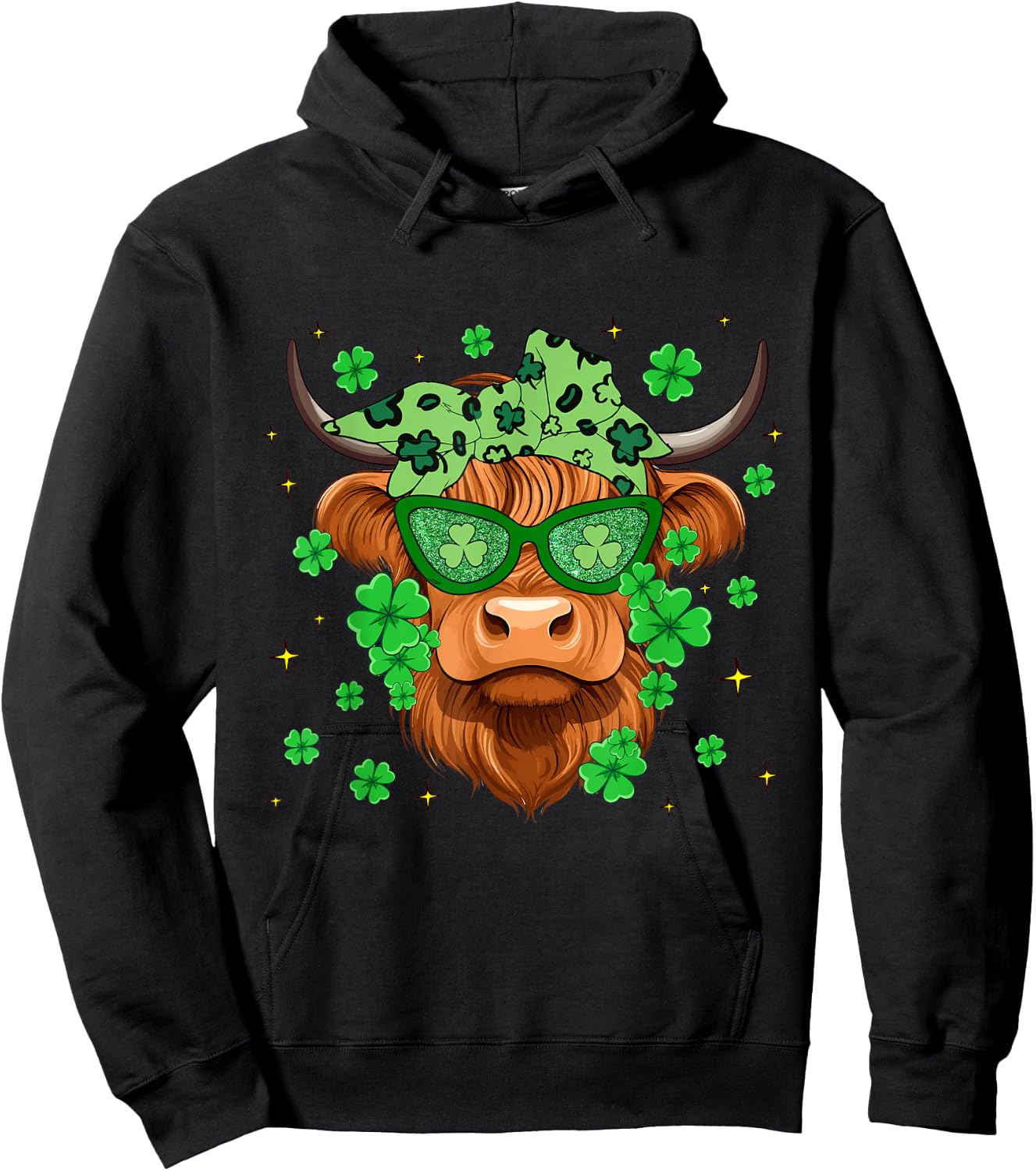 Scottish Highland Cow St Patricks Day Shamrock Irish Holiday Hoodie - Hoodie | Black