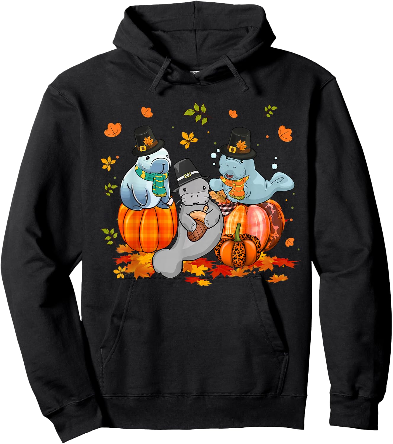 Manatee Pumpkin Leopard Buffalo Plaid Fall Thanksgiving Hoodie - Hoodie | Black