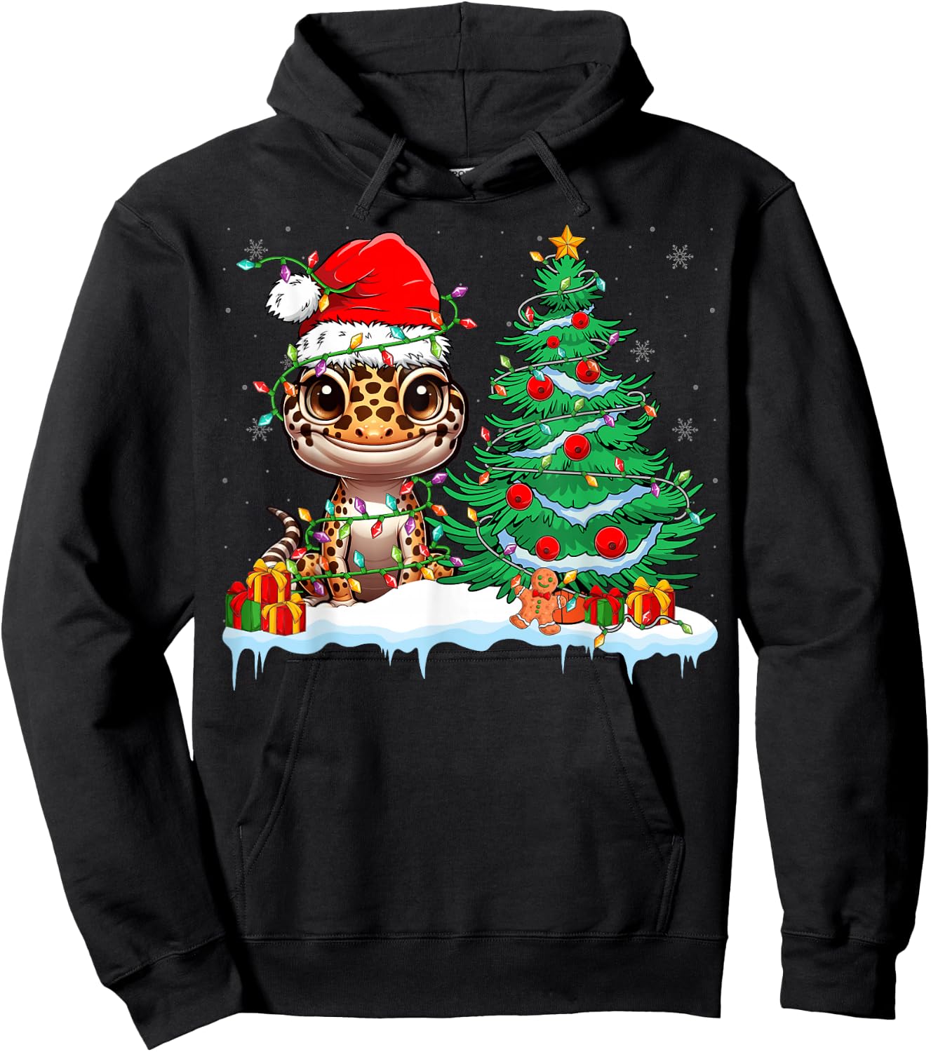 Leopard Gecko Santa Hat Xmas Lights Gecko Lover Christmas Hoodie - Hoodie | Black