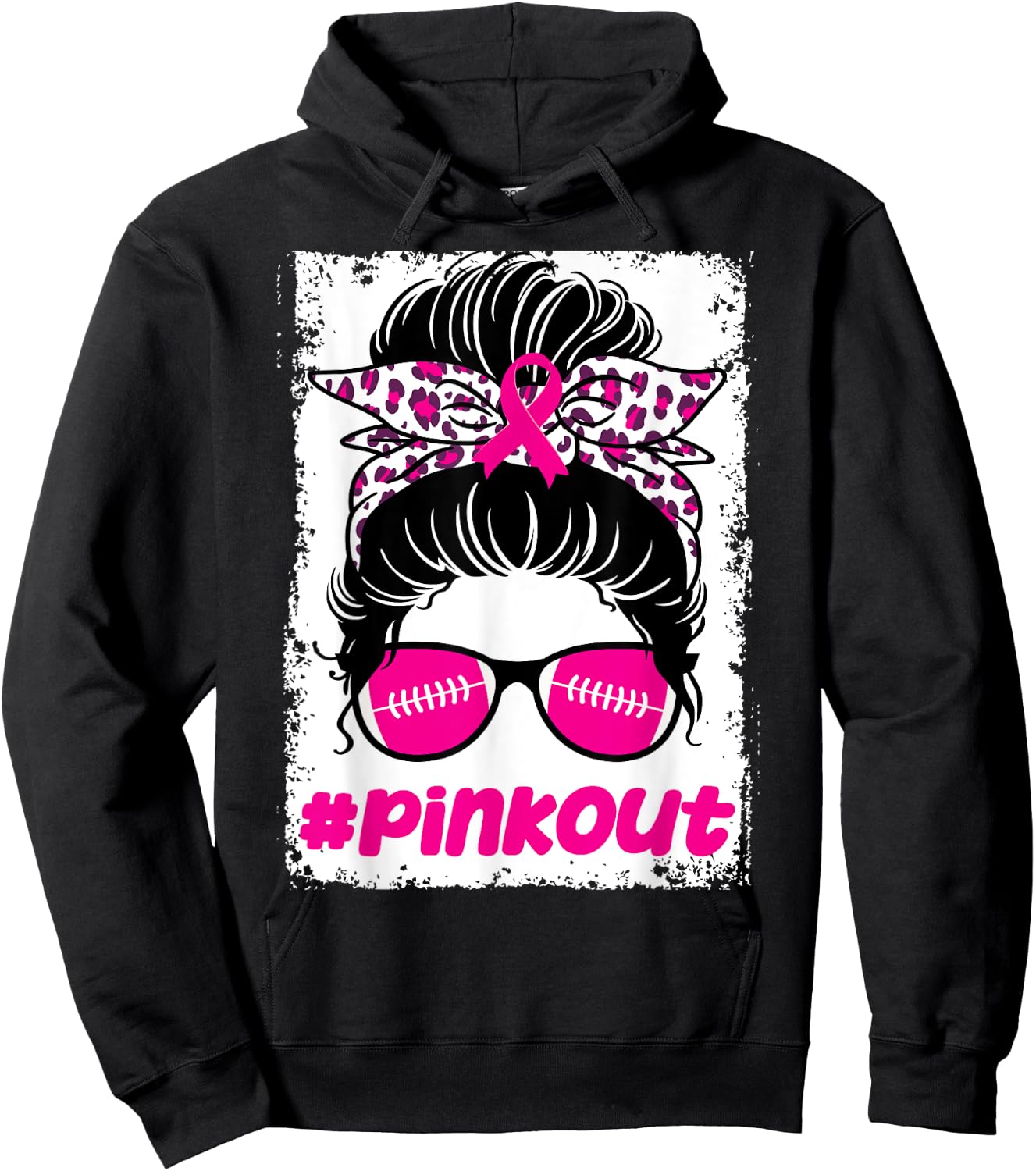 Pink Out Ou Breast Cancer Football Messy Bun Cheer Bleached Hoodie - Hoodie | Black
