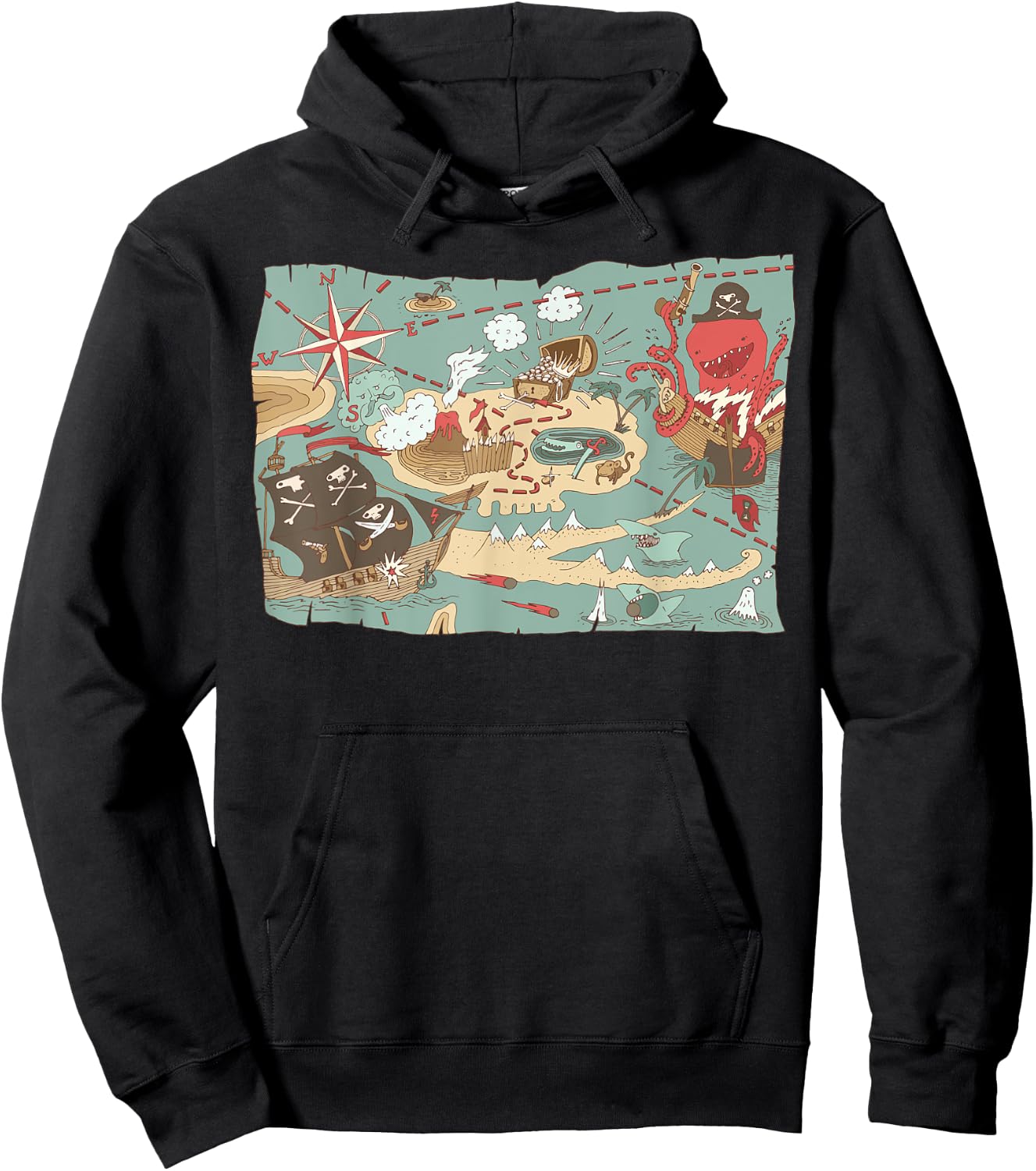 Treasure Map Ship Sharks Pirates & Skulls Shirt Boys Kids Hoodie - Hoodie | Black