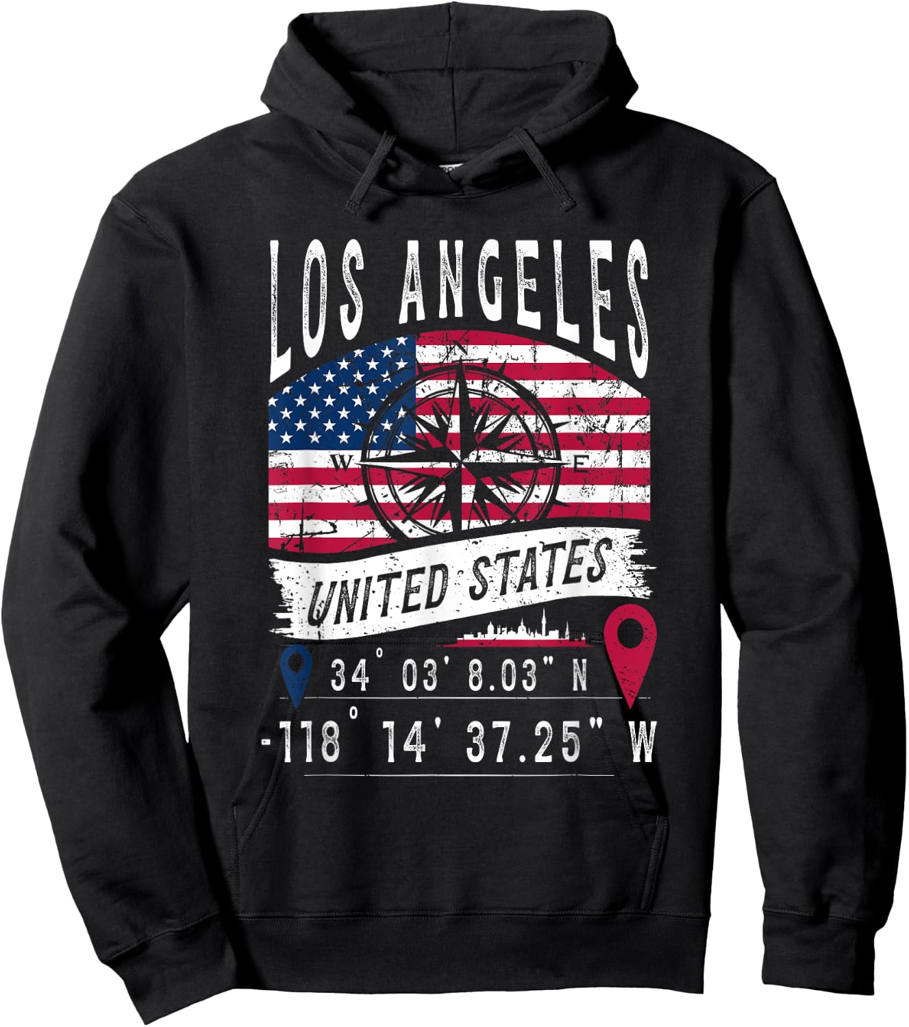Los Angeles USA Flag GPS Coordinates Los Angeles , Black, S Hoodie - Hoodie | Black