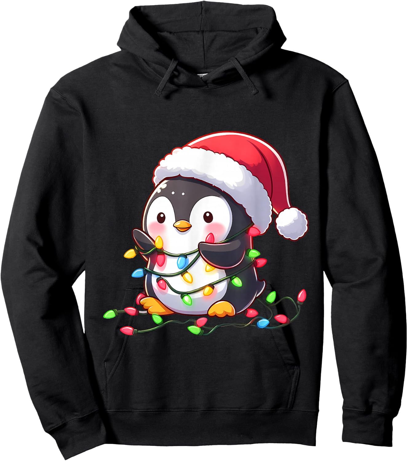 Merry Penguinmas Christmas Lights Cute Penguin Santa Hat Hoodie - Hoodie | Black