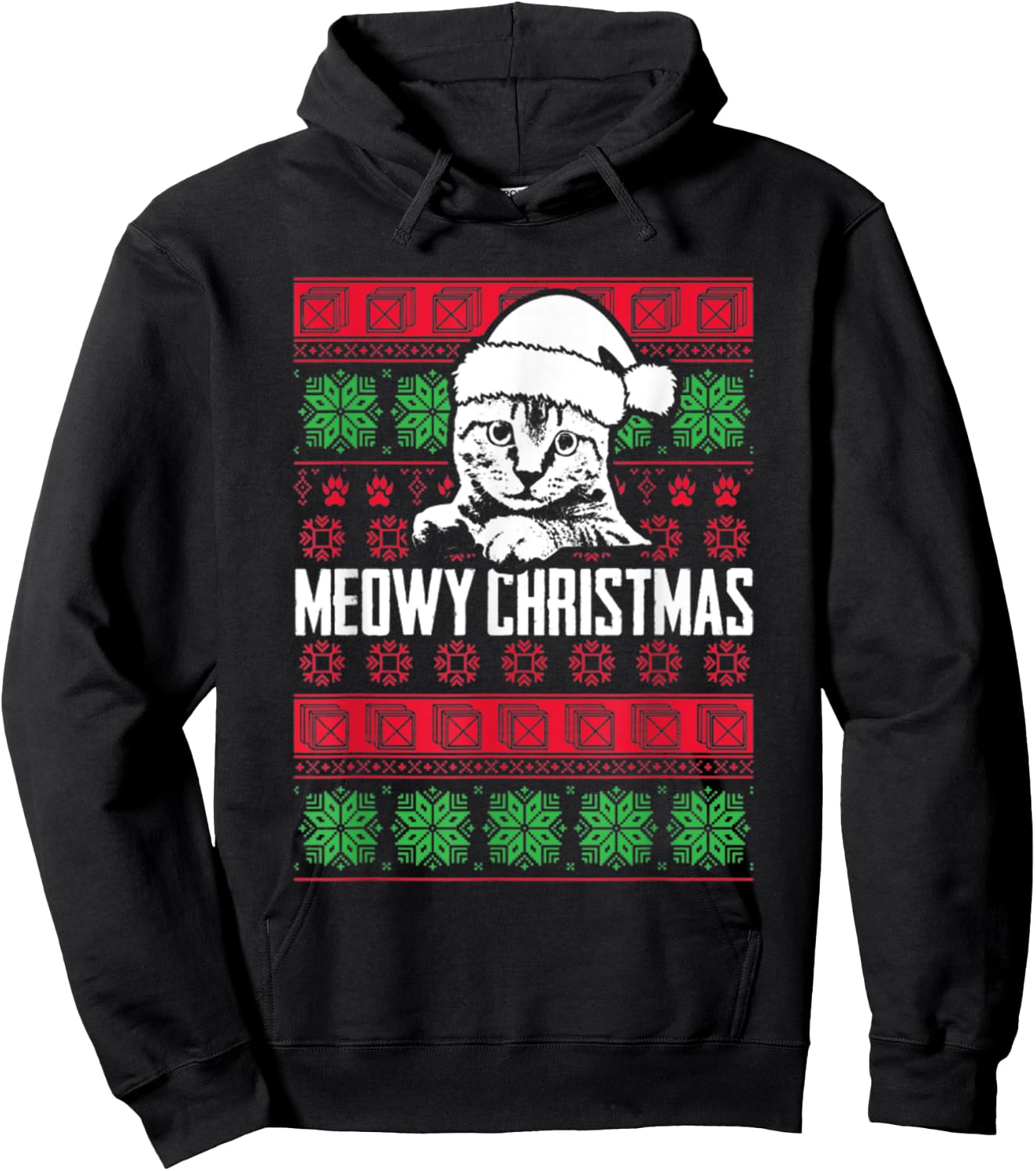 Meowy Cat Pet Owner Lover Pun Funny Ugly Christmas Sweater Hoodie - Hoodie | Black
