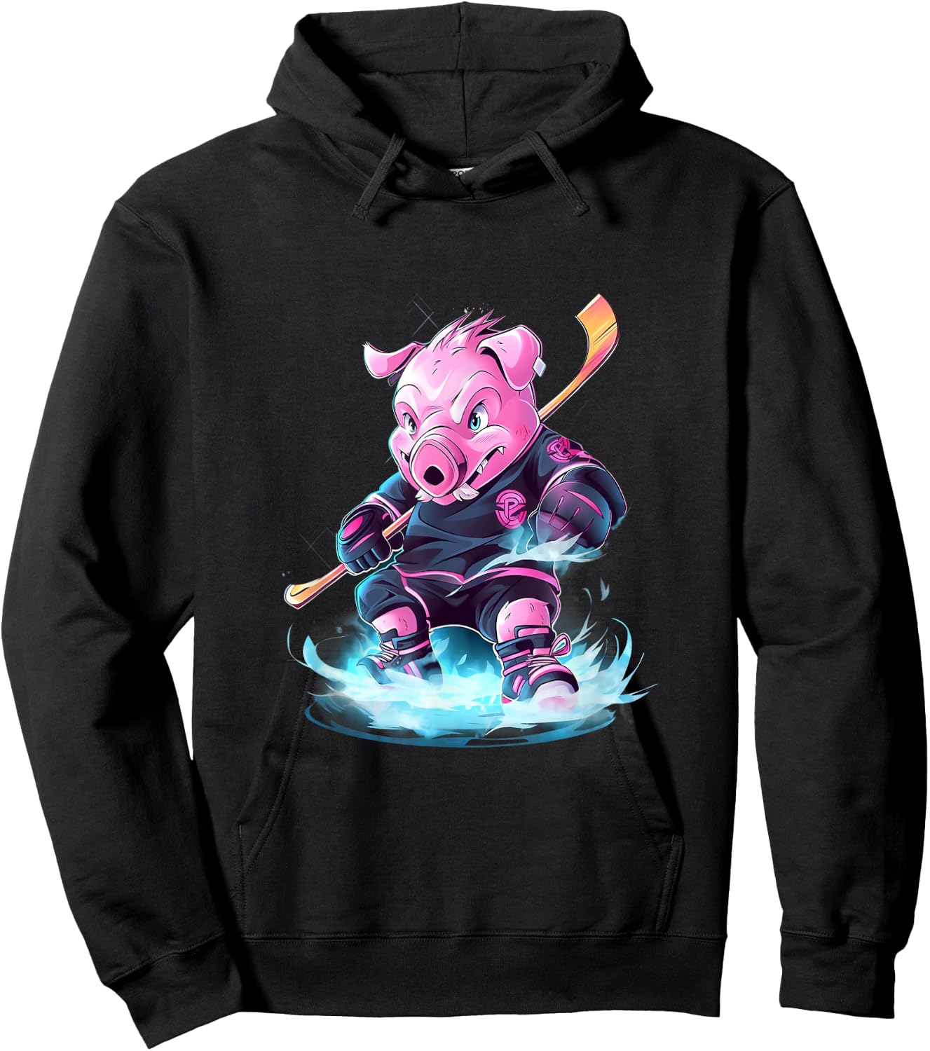 Pig Ice Hockey Player Hockey Stick Goalkeeper Hoodie - Hoodie | Black