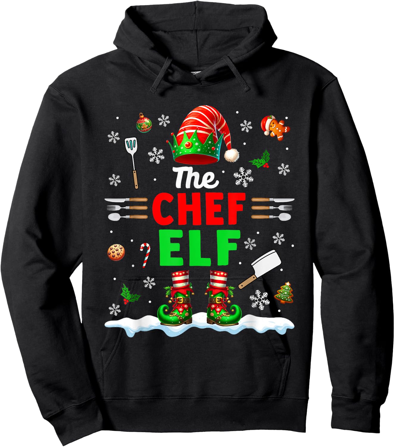 The Chef Elf Christmas Job Team Matching Funny Party Hoodie - Hoodie | Black