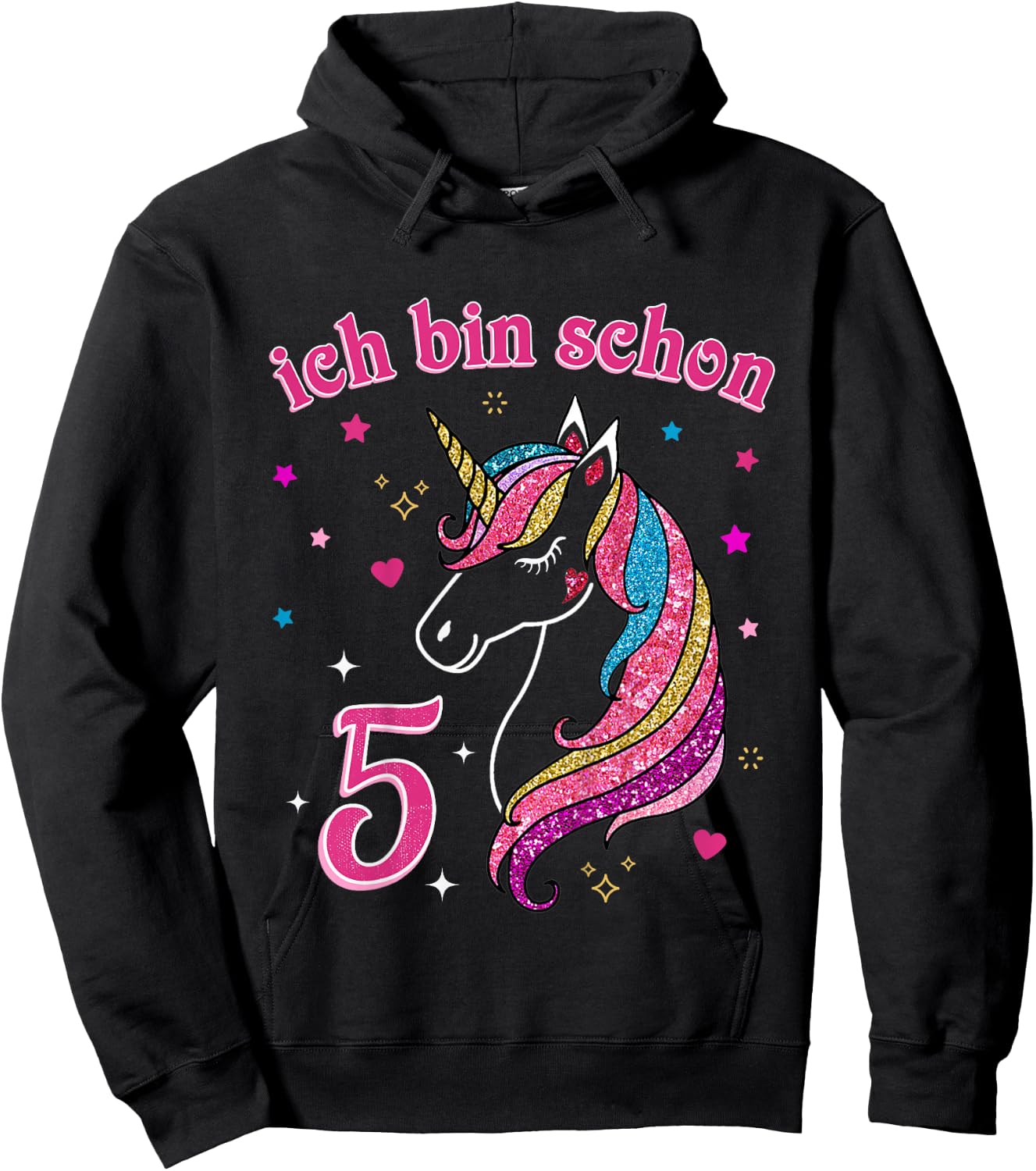 Children's 5th Birthday Girls' with German Text "Ich bin schon 5 Jahre alt Einhorn", black Hoodie - Hoodie | Black
