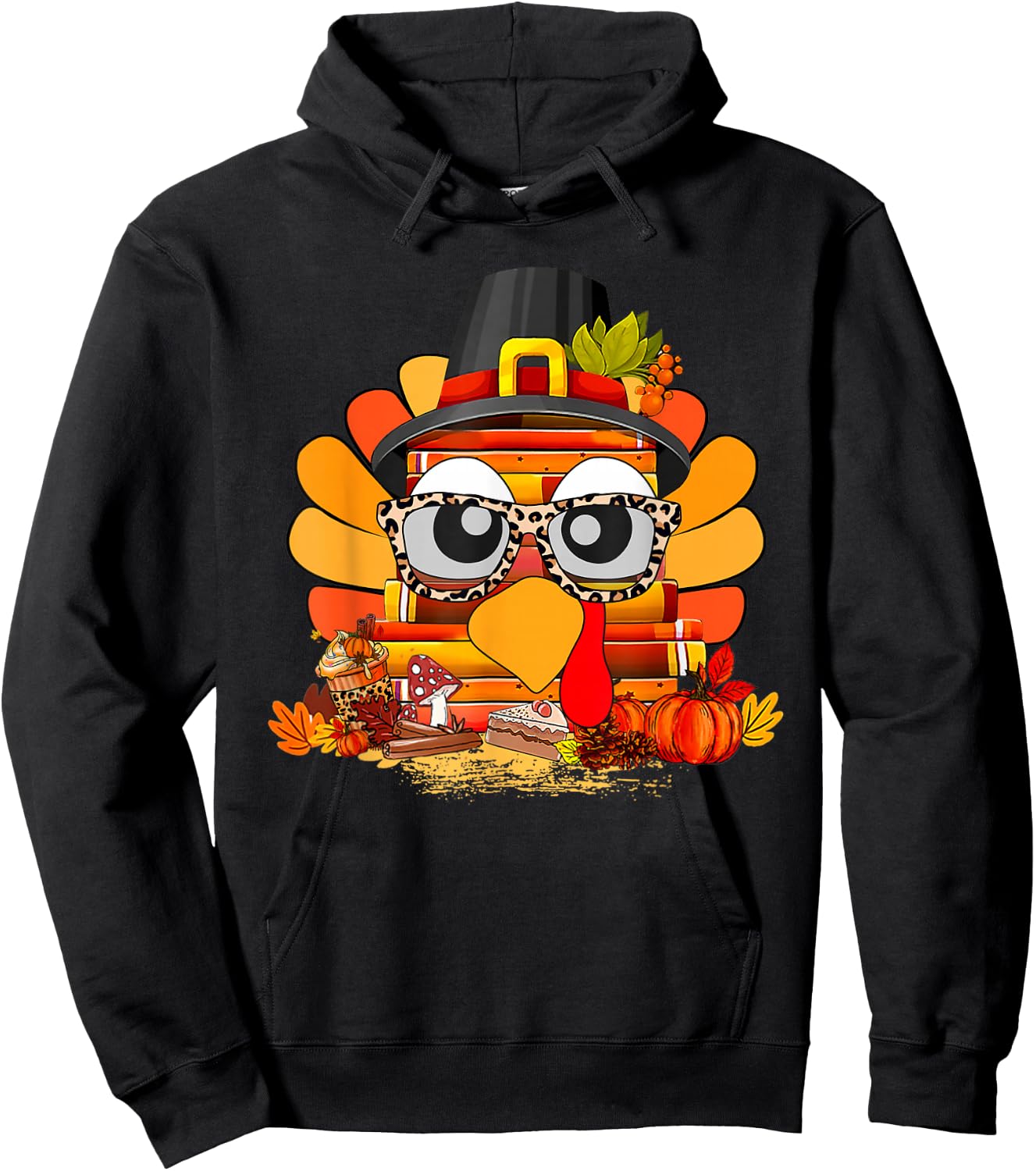 Books Turkey Face Teacher Read Fall Thanksgiving Men Women Hoodie - Hoodie | Black