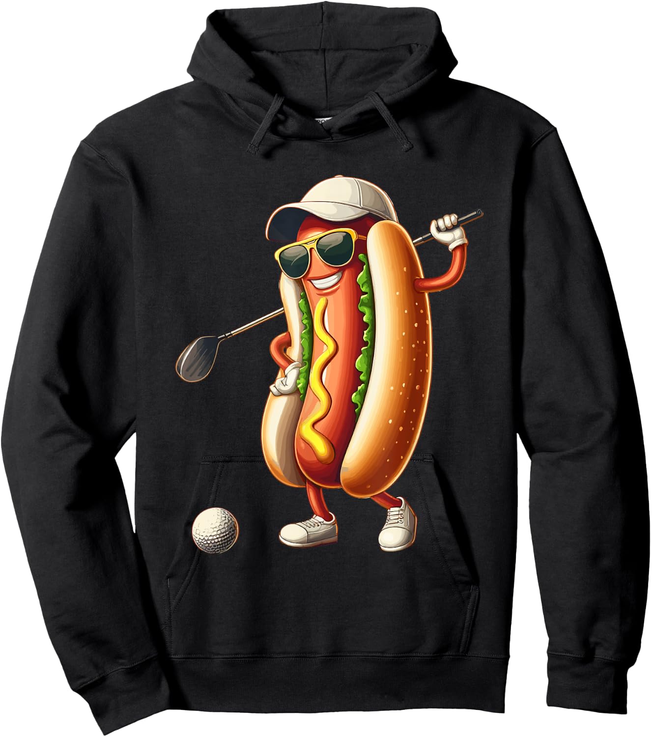 Golfing Hotdog Funny Golf Hot Dogs Lover Golfer Print Art Women Kids Hoodie - Hoodie | Black