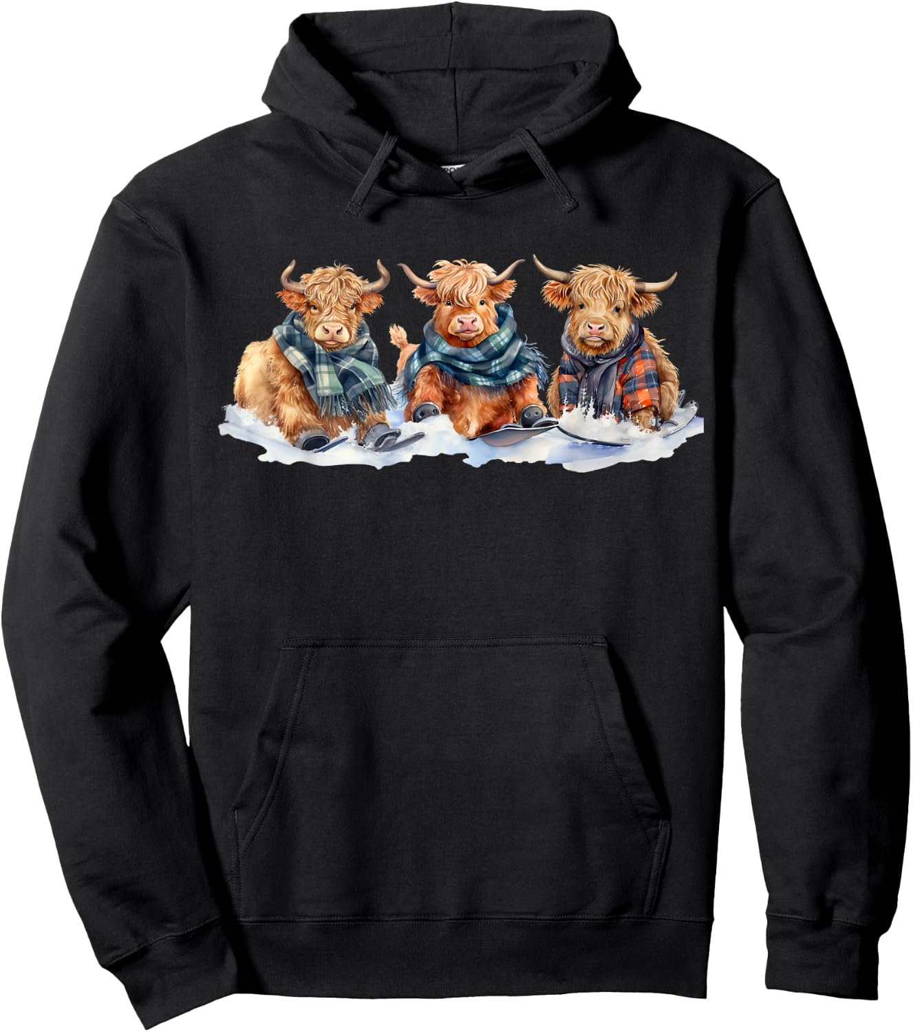 Cute Winter Highland Cows Plaid Scarf Skiing Snowshoe Snow Hoodie - Hoodie | Black