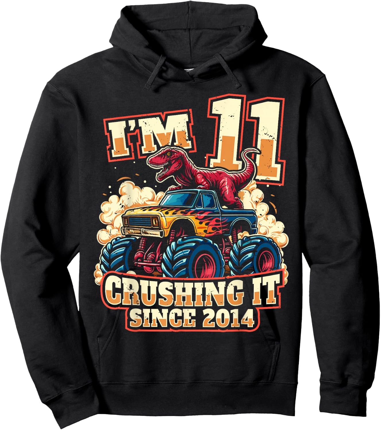 11 Year Old Boys 11th Birthday Dinosaur Monster Truck Party Hoodie - Hoodie | Black