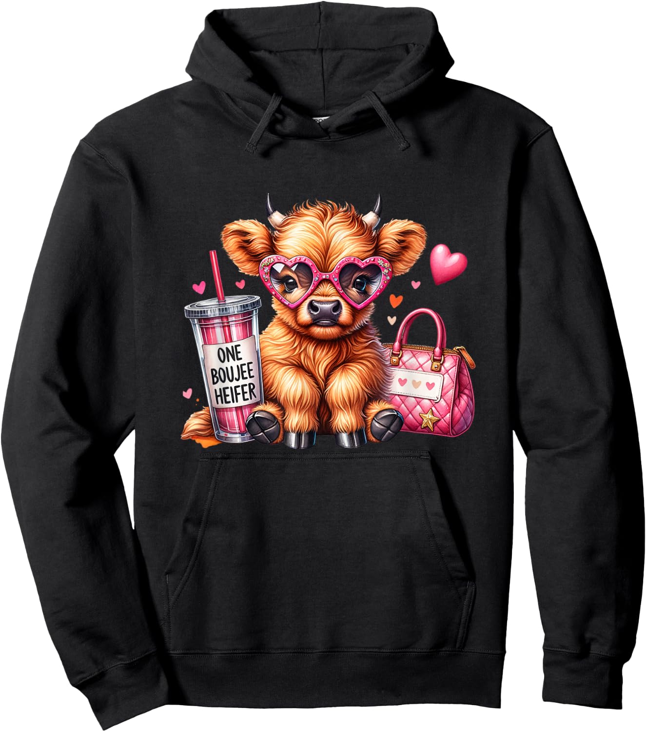 Adorable Highland Cow One Boujee Heifer Hoodie - Hoodie | Black