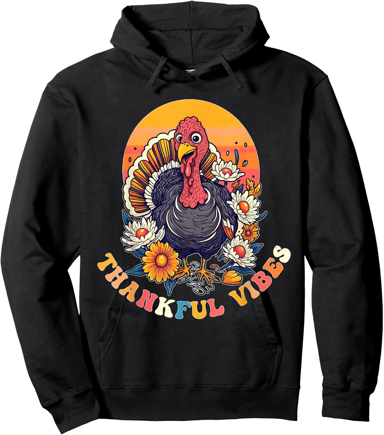 Thankful Vibes Turkey Funny Groovy Thanksgiving Women Girl Hoodie - Hoodie | Black