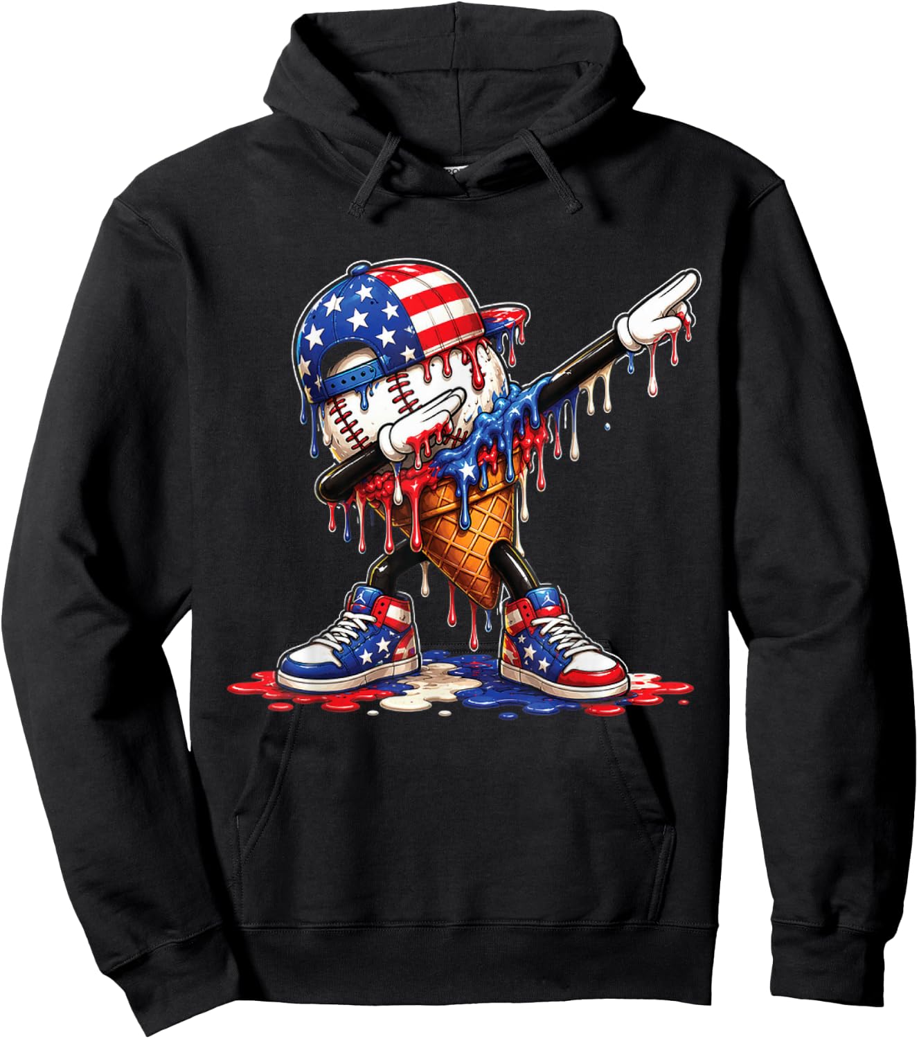 Baseball Drip Ice Cream Patriot American Flag 4th of July Hoodie - Hoodie | Black
