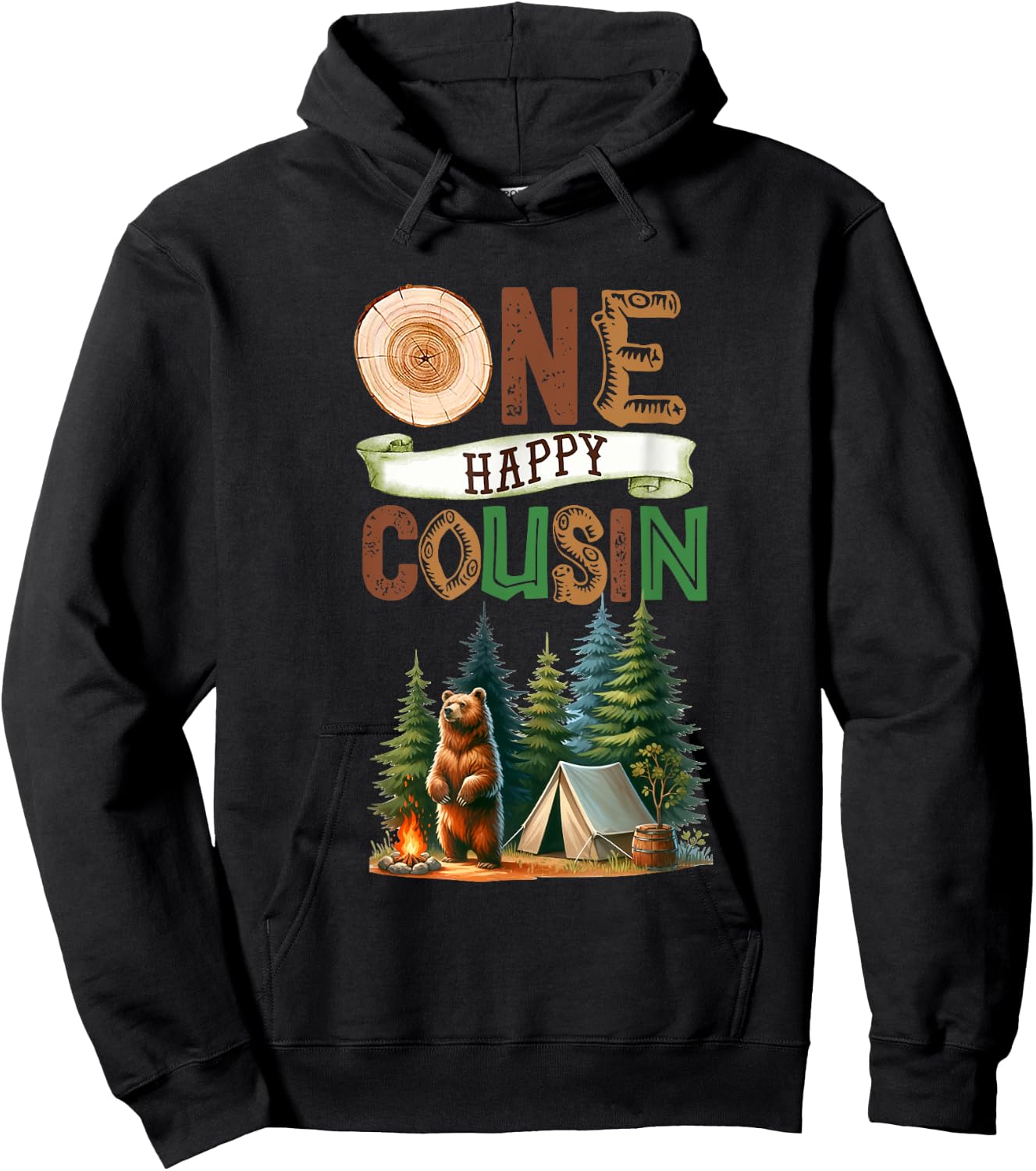 One Happy Cousin Camper First Birthday Camping Bear Kids Hoodie - Hoodie | Black