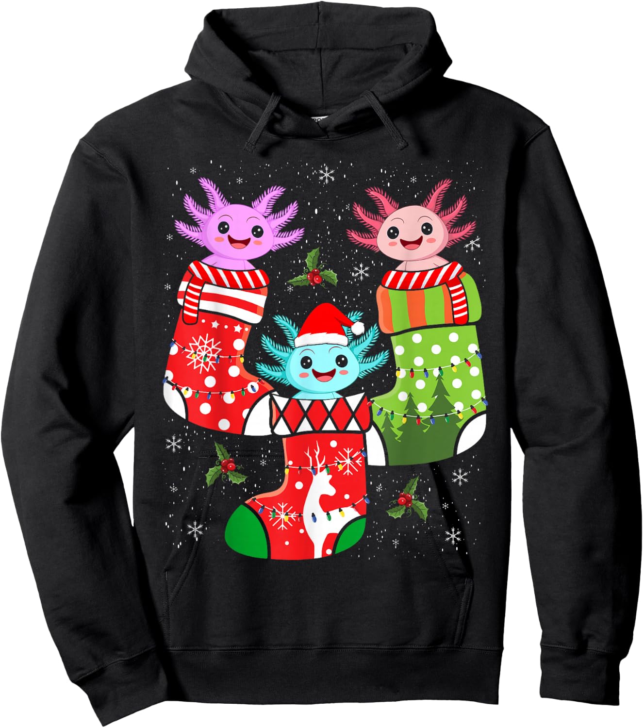 Kawaii Axolotl Christmas Stocking Kid Youth Teen Pajamas Pjs Hoodie - Hoodie | Black