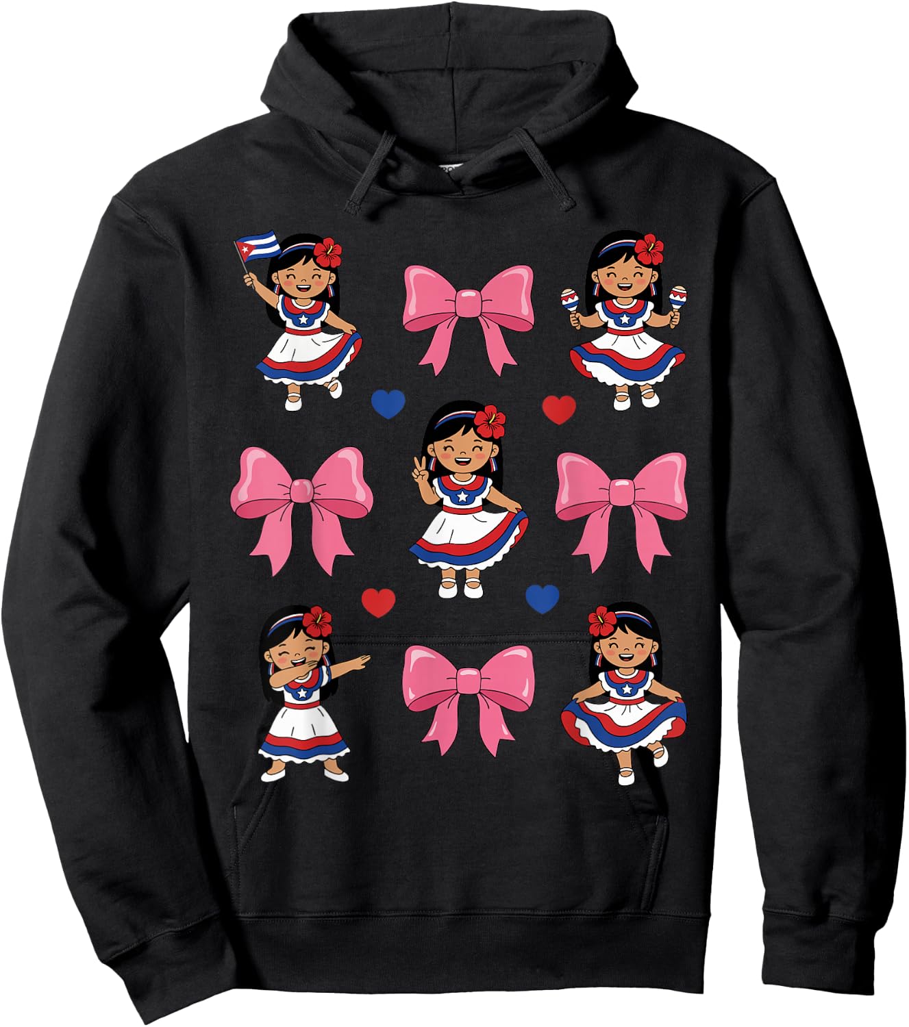 Cute Cuban Girl Traditional Dress Bow Cuba Heritage Flag Hoodie - Hoodie | Black