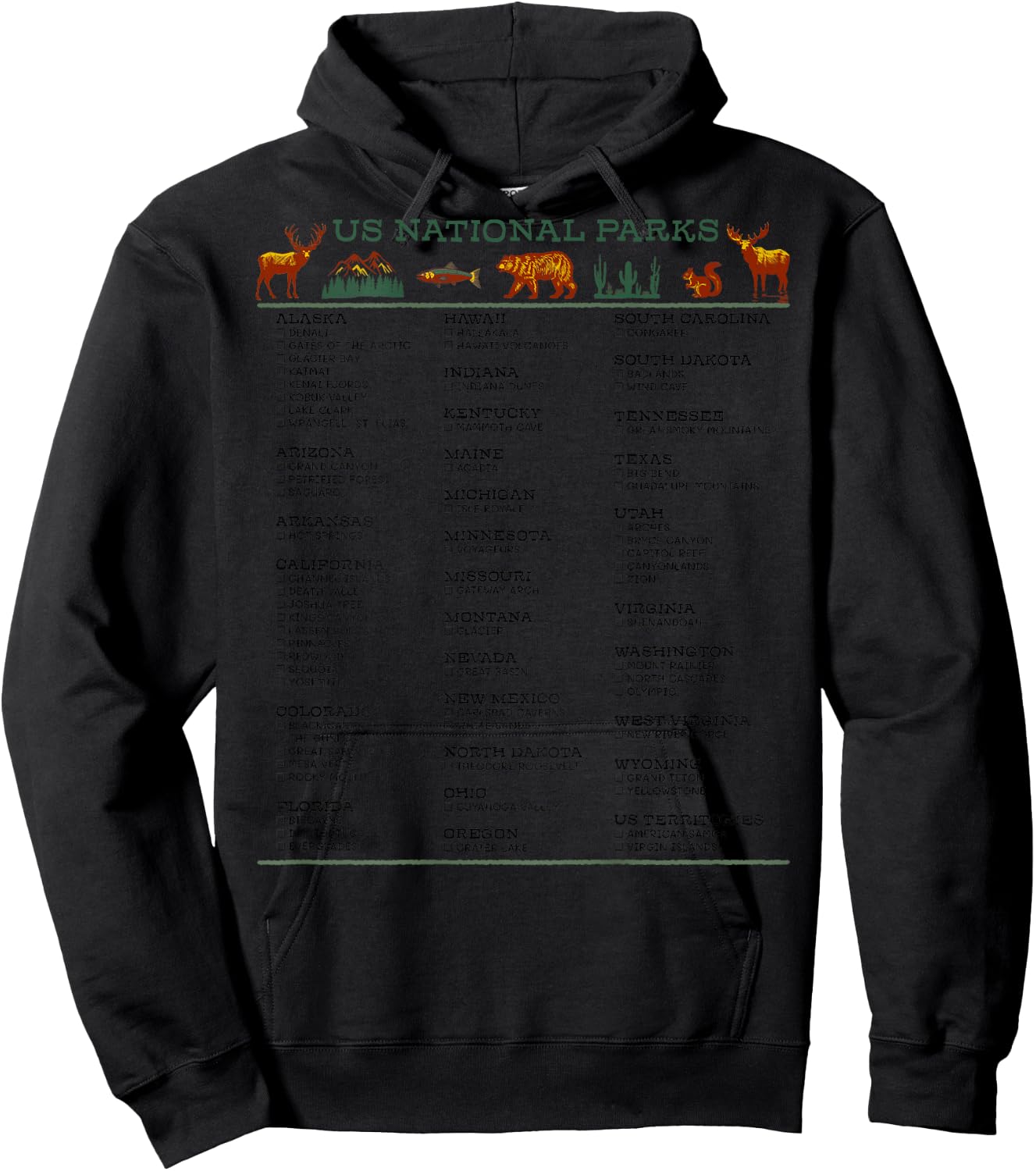 US National Parks Checklist List by State DESIGN ON BACK Hoodie - Hoodie | Black