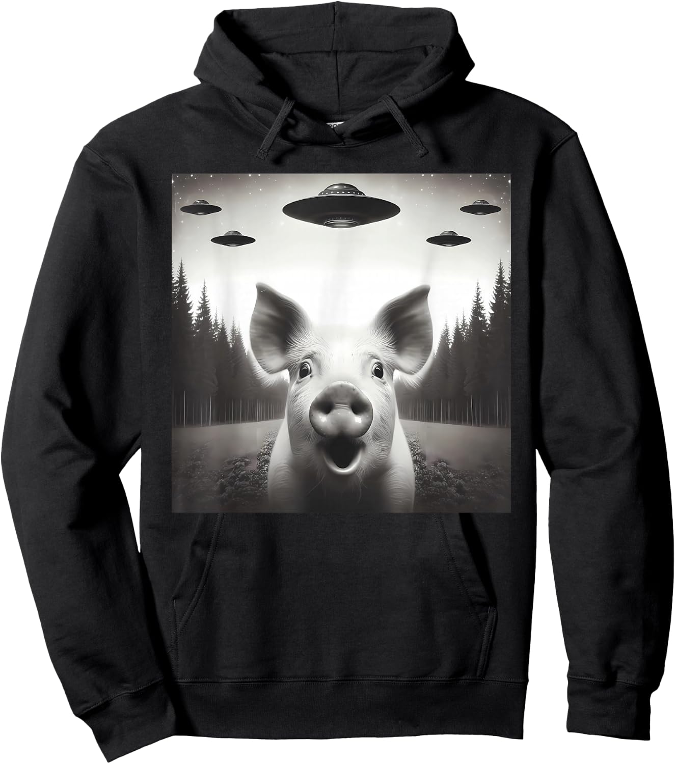 Funny Pig Selfie UFO Alien Humor Vintage Print Art Design Hoodie - Hoodie | Black