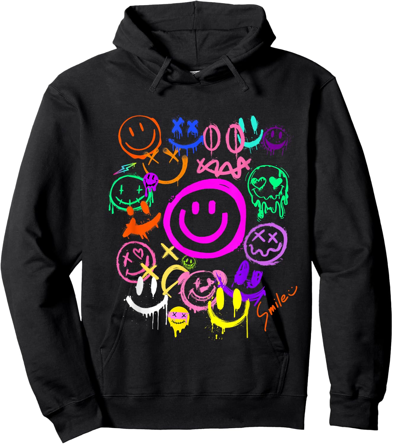 Smile Face Emoticons Fun Vivid Graffiti Smiley Face Graphic , black, S Hoodie - Hoodie | Black