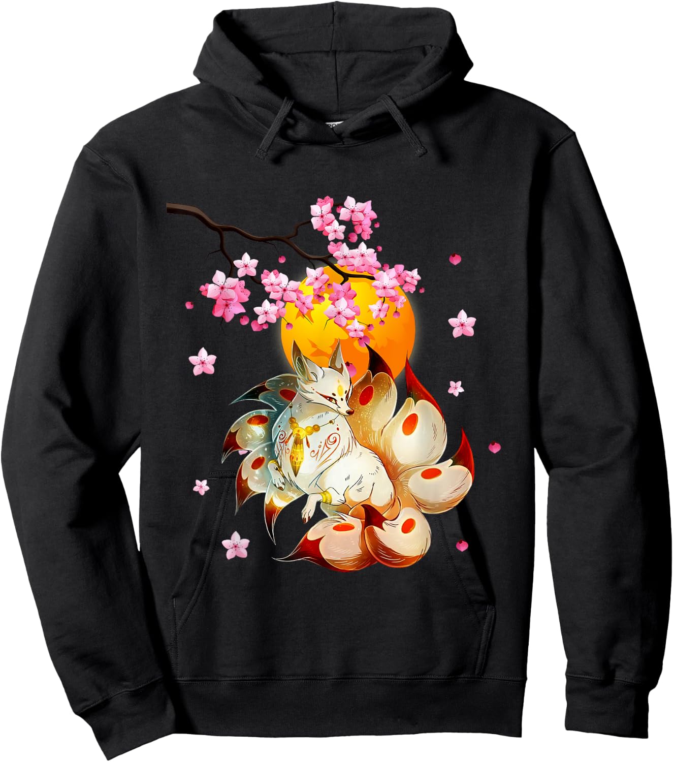 Kitsune-Fox Japanese Nine Tailed Fox-Cherry Blossom Flowers Hoodie - Hoodie | Black