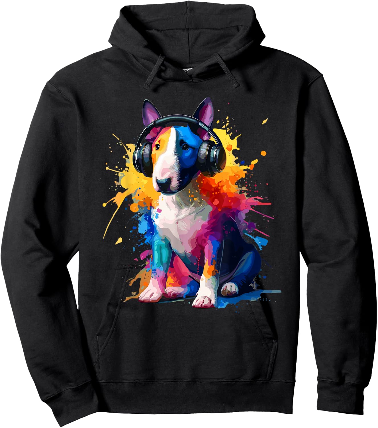 Splash Art Headphones Miniature Bull Terrier Mini Bull , Black, S Hoodie - Hoodie | Black