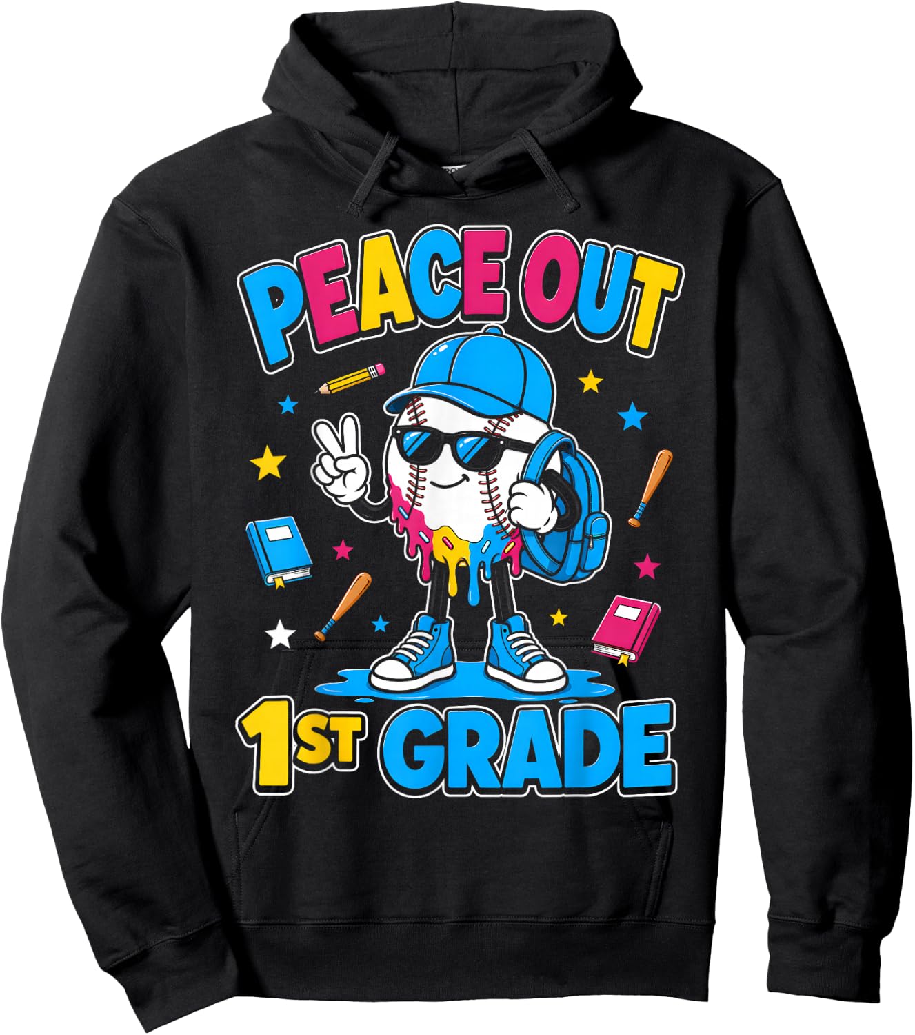 1st Grade Back to School Boys Baseball Ice Cream Drip Hoodie - Hoodie | Black