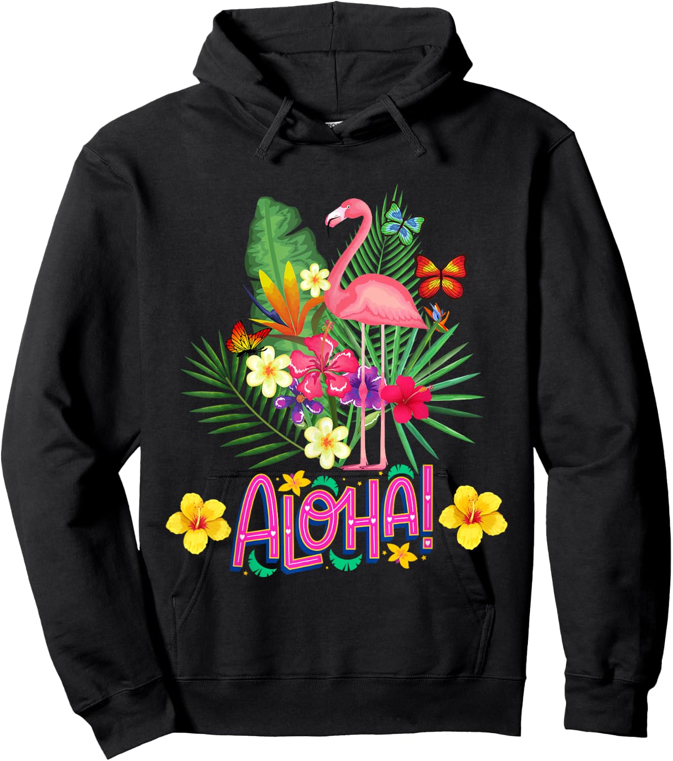 Aloha Flamingo Tropical Flowers and Butterflies , Black, S Hoodie - Hoodie | Black