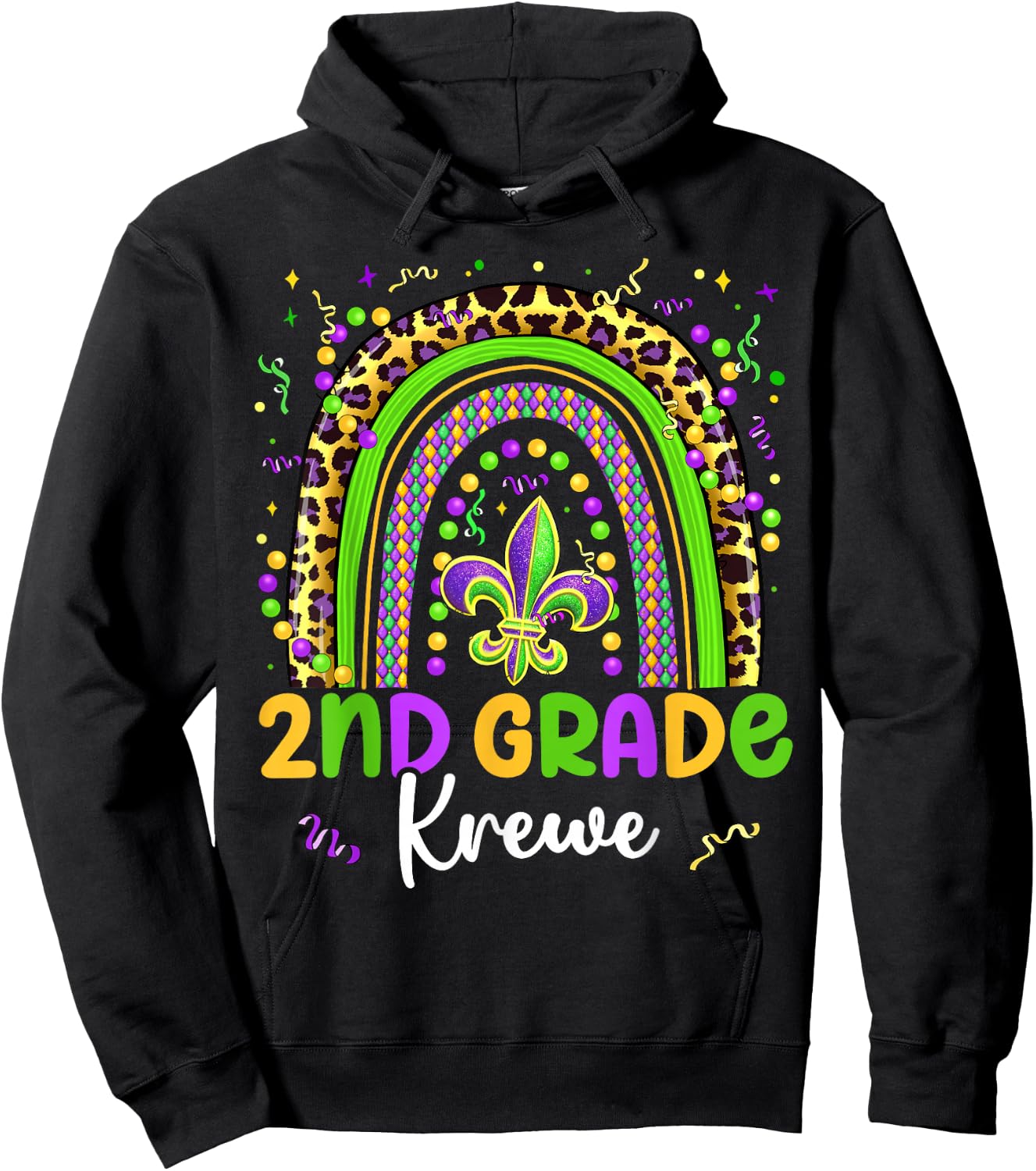 Mardi Gras 2nd Grade Krewe Rainbow Teacher Kids Carnival Hoodie - Hoodie | Black