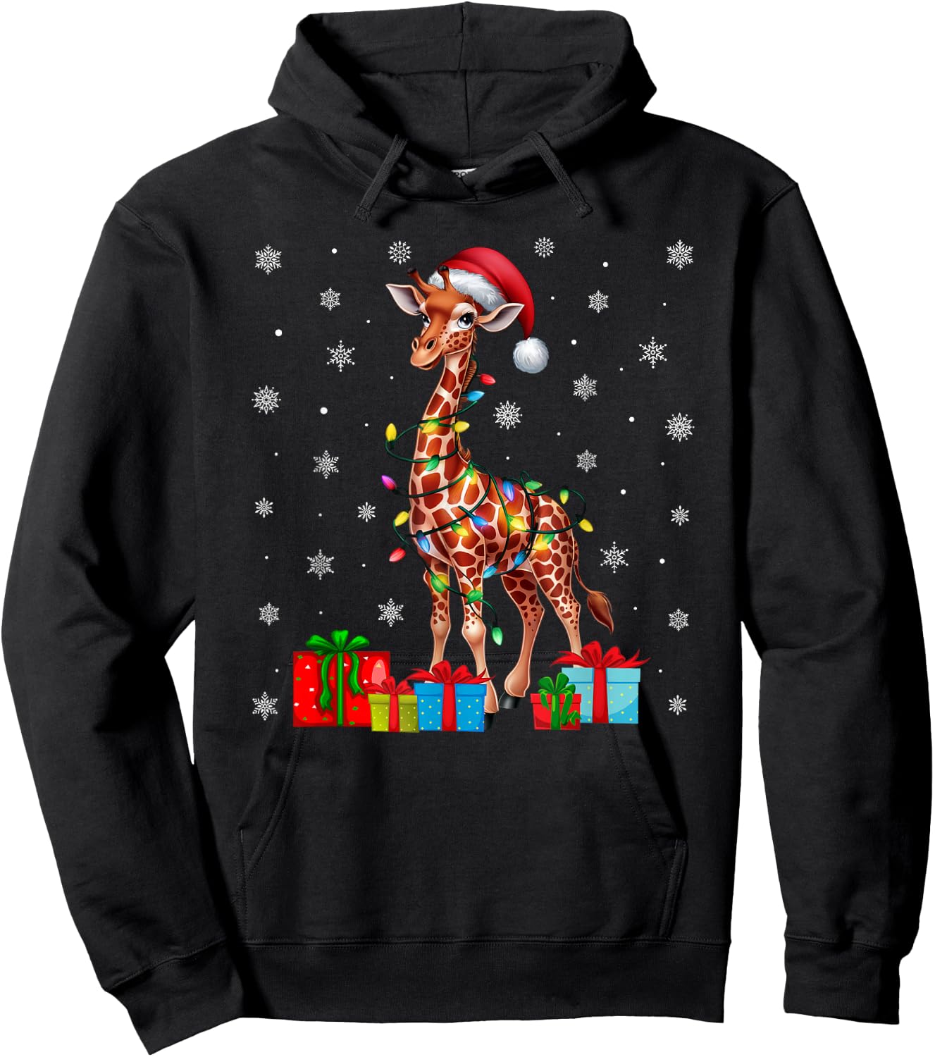 Giraffe Ugly Xmas Lights Santa Hat Giraffe Christmas Hoodie - Hoodie | Black