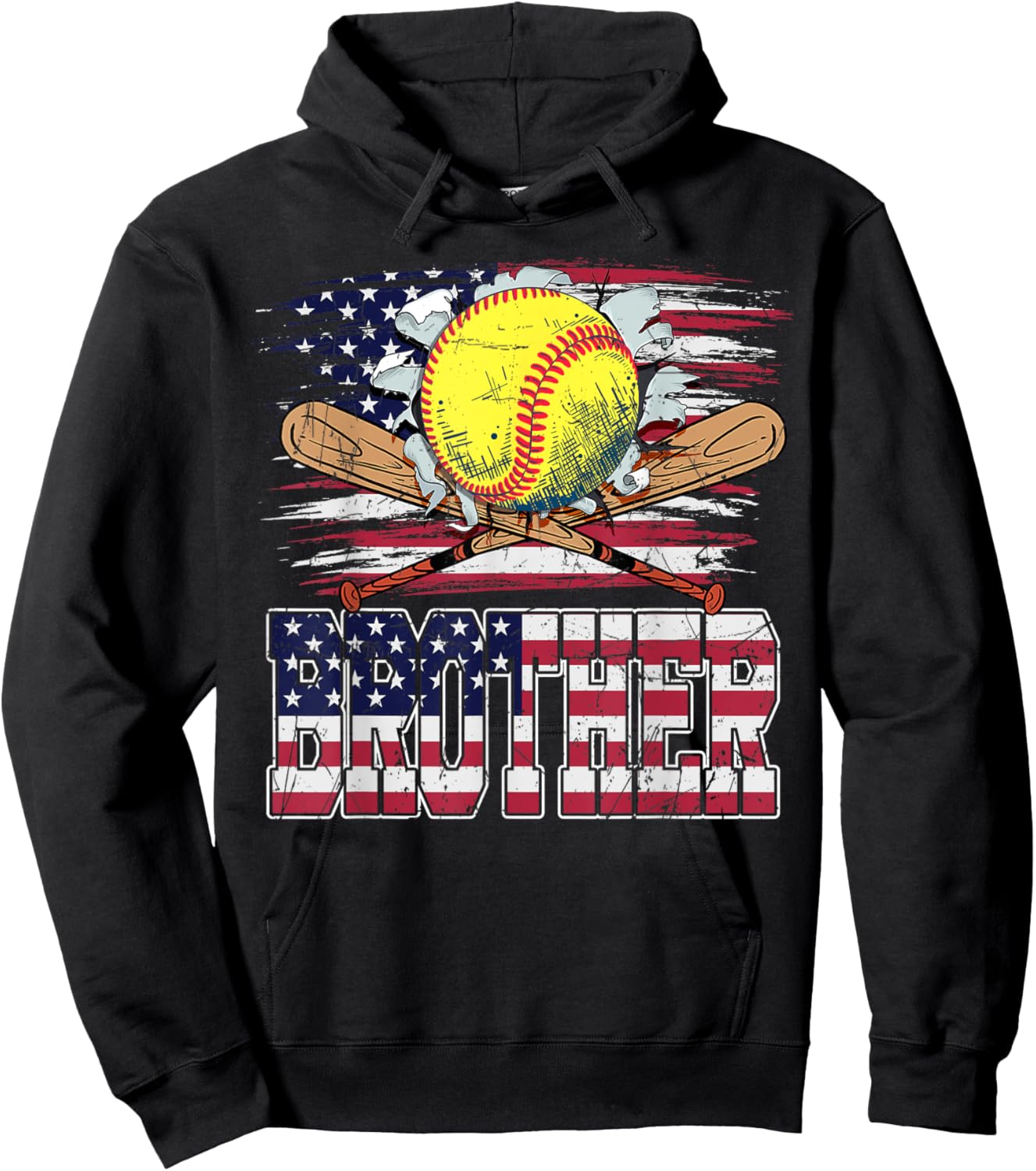 Softball Brother Vintage USA American Flag 4th Of July Women Kids Men Hoodie - Hoodie | Black