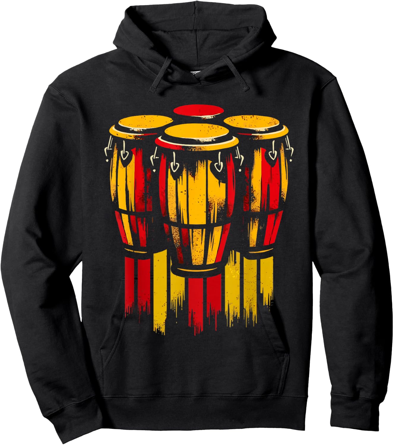 Vibrant Red Yellow Bongos Drums Graphic Hoodie - Hoodie | Black