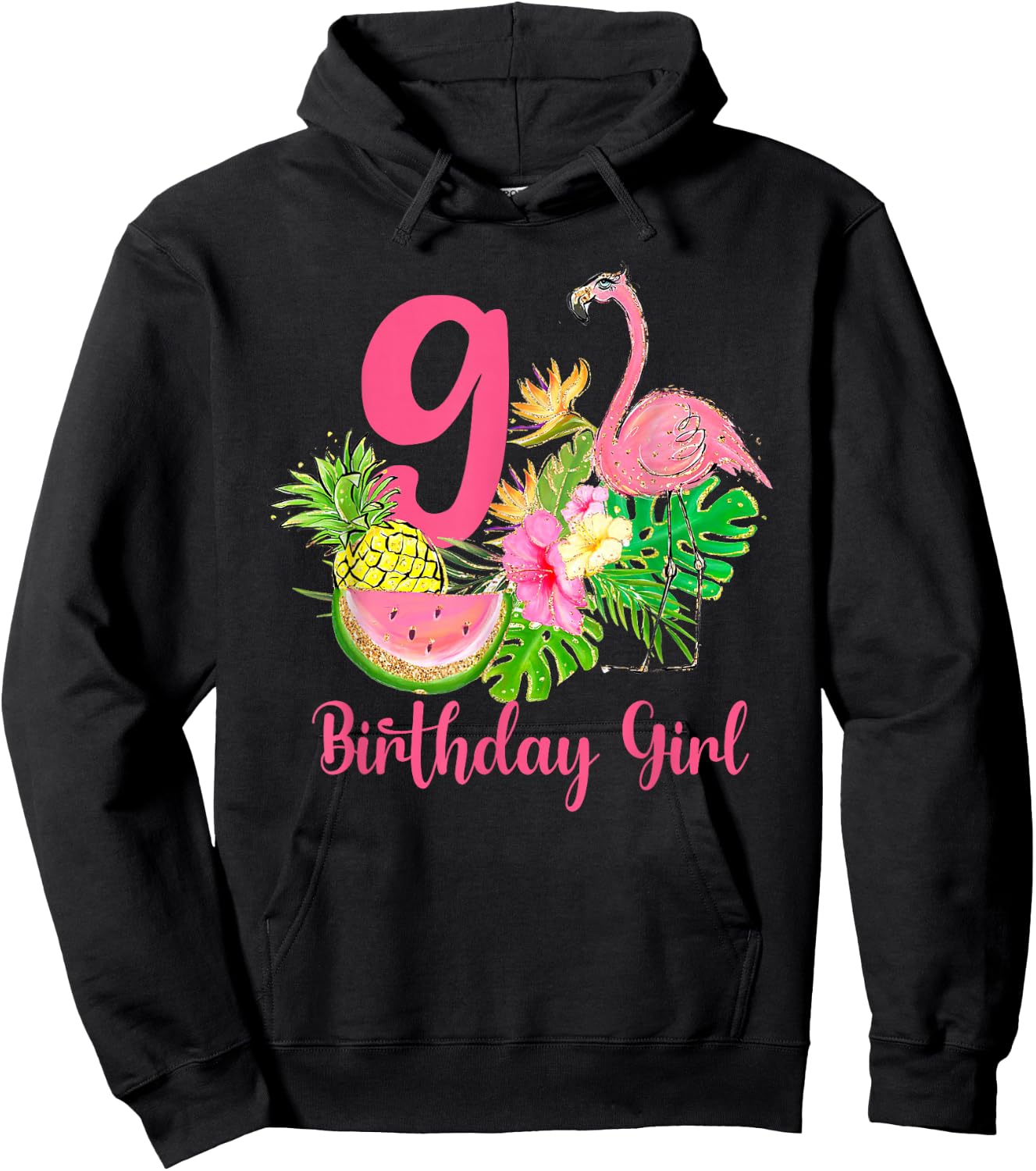 9th Birthday Tropical Flamingo Hawaii 9 Year Old Girl Hoodie - Hoodie | Black
