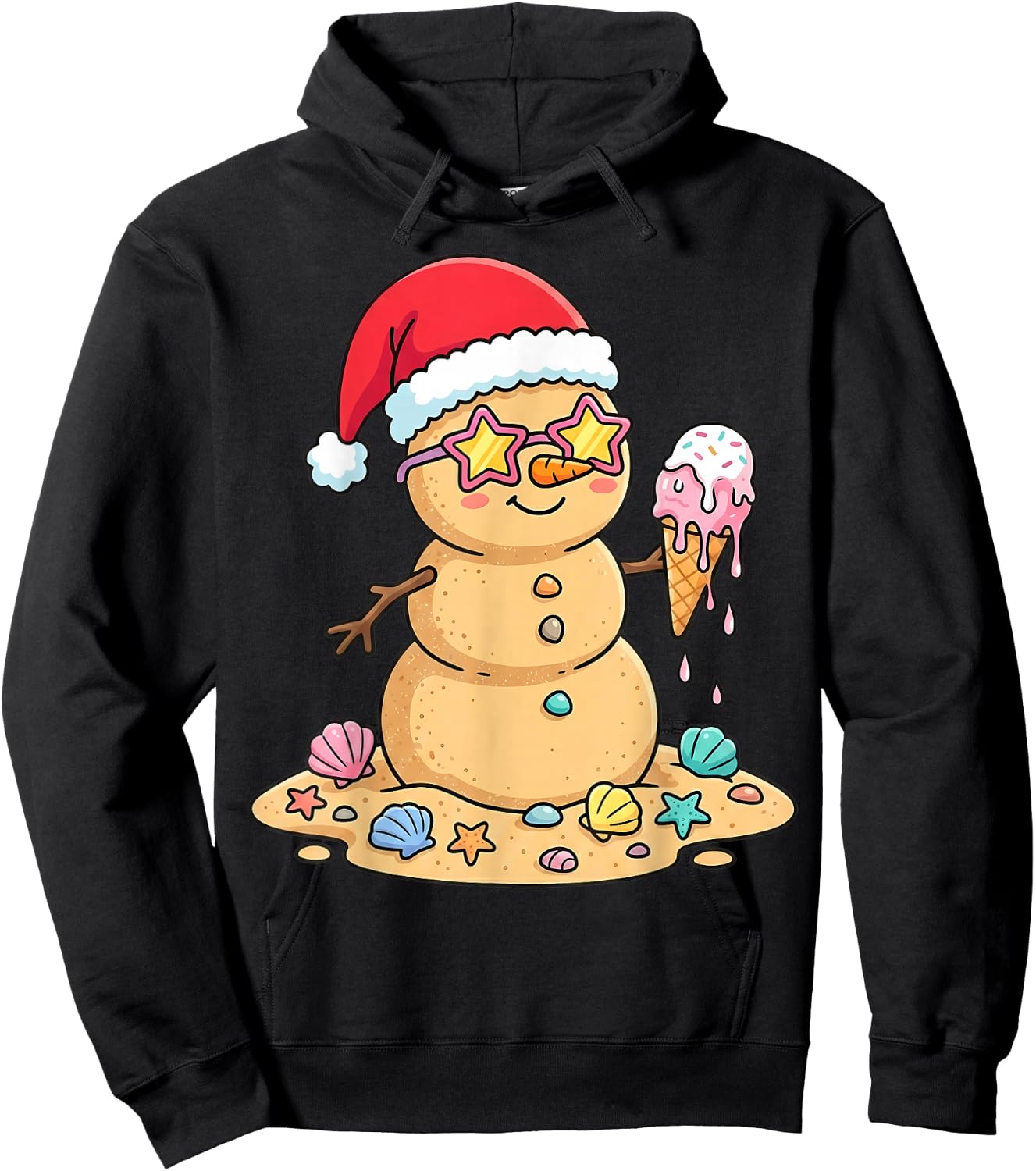 Cute Sand Snowman Santa Hat Christmas in July Hoodie - Hoodie | Black