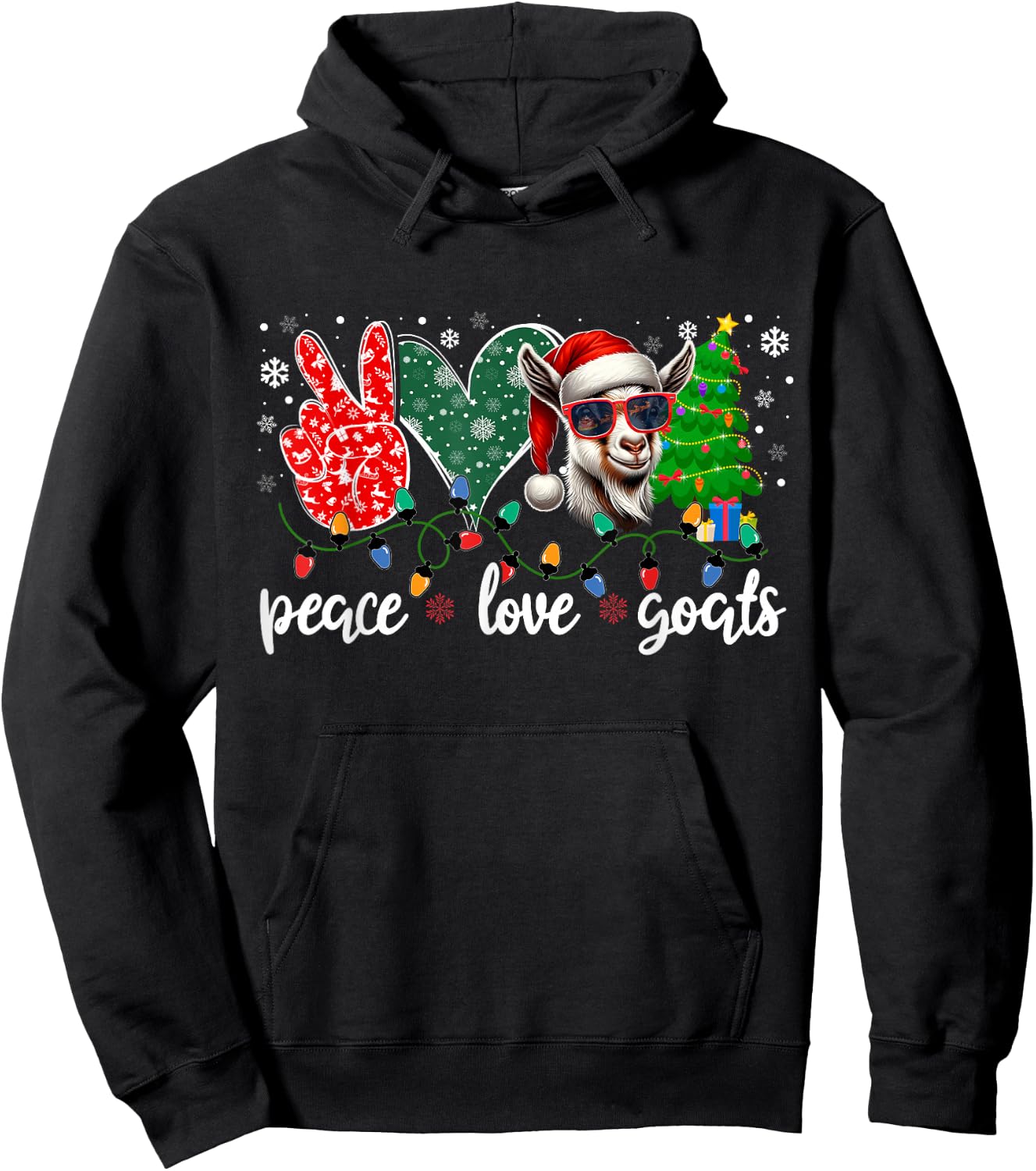 Peace Love Goats Funny Goat Santa Hat Sunglasses Xmas Tree Hoodie - Hoodie | Black