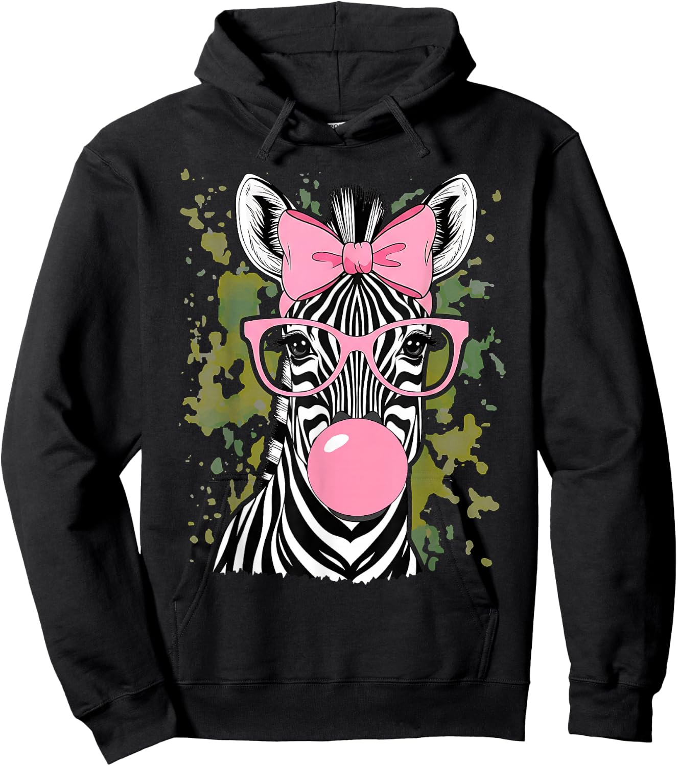 Zebra Wearing Glasses and Blowing Pink Bubble Gum Hoodie - Hoodie | Black