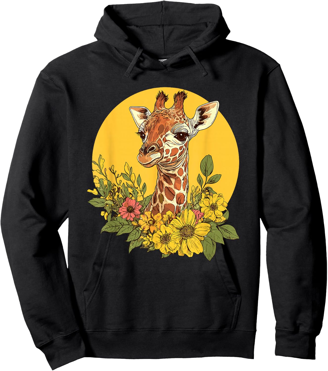 Charming Giraffe Surrounded By Flowers Hoodie - Hoodie | Black