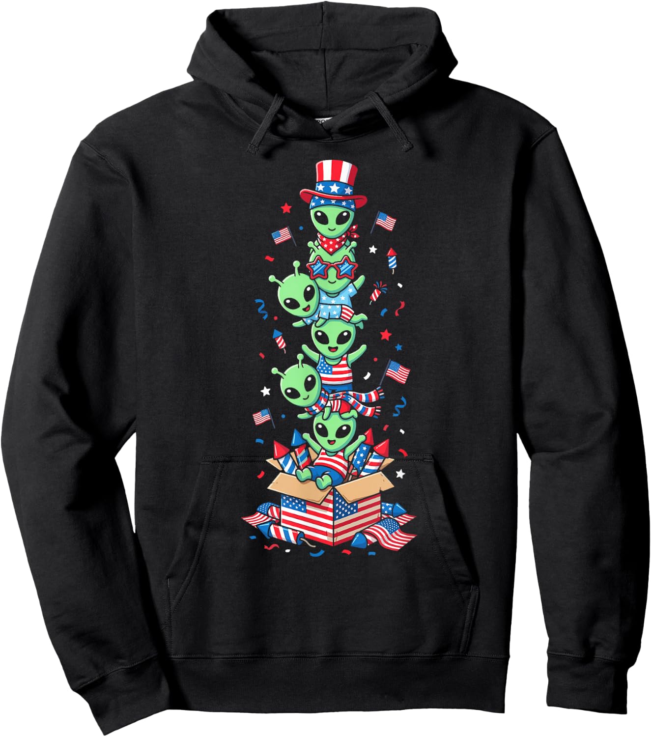Funny Alien American USA Flag Memorial Day 4th of July Hoodie - Hoodie | Black