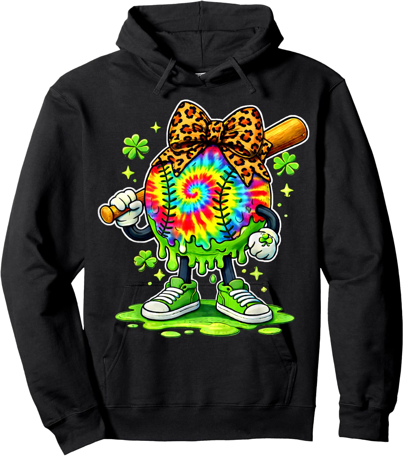 Lucky Tie Dye Softball with Leopard Bow St. Patrick’s Day Hoodie - Hoodie | Black