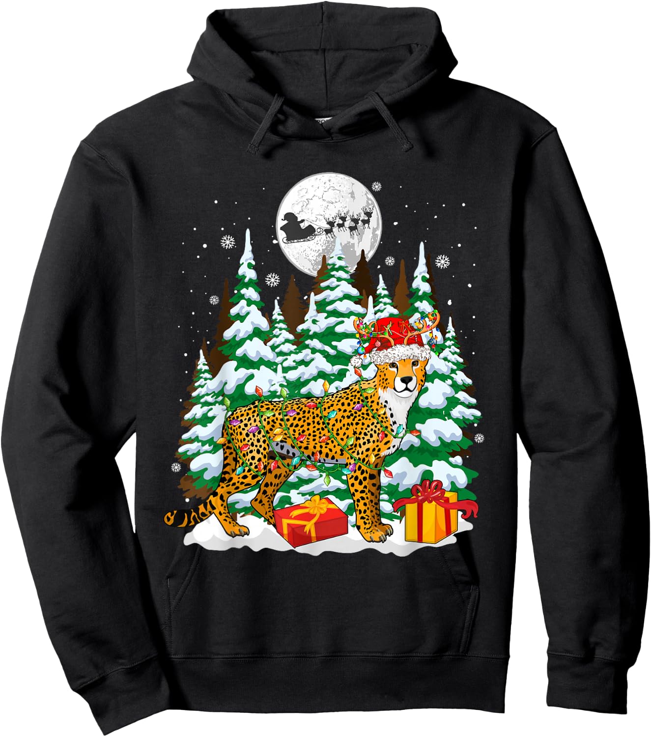 Santa Reindeer Cheetah Christmas Trees Animal Lover Kids Hoodie - Hoodie | Black