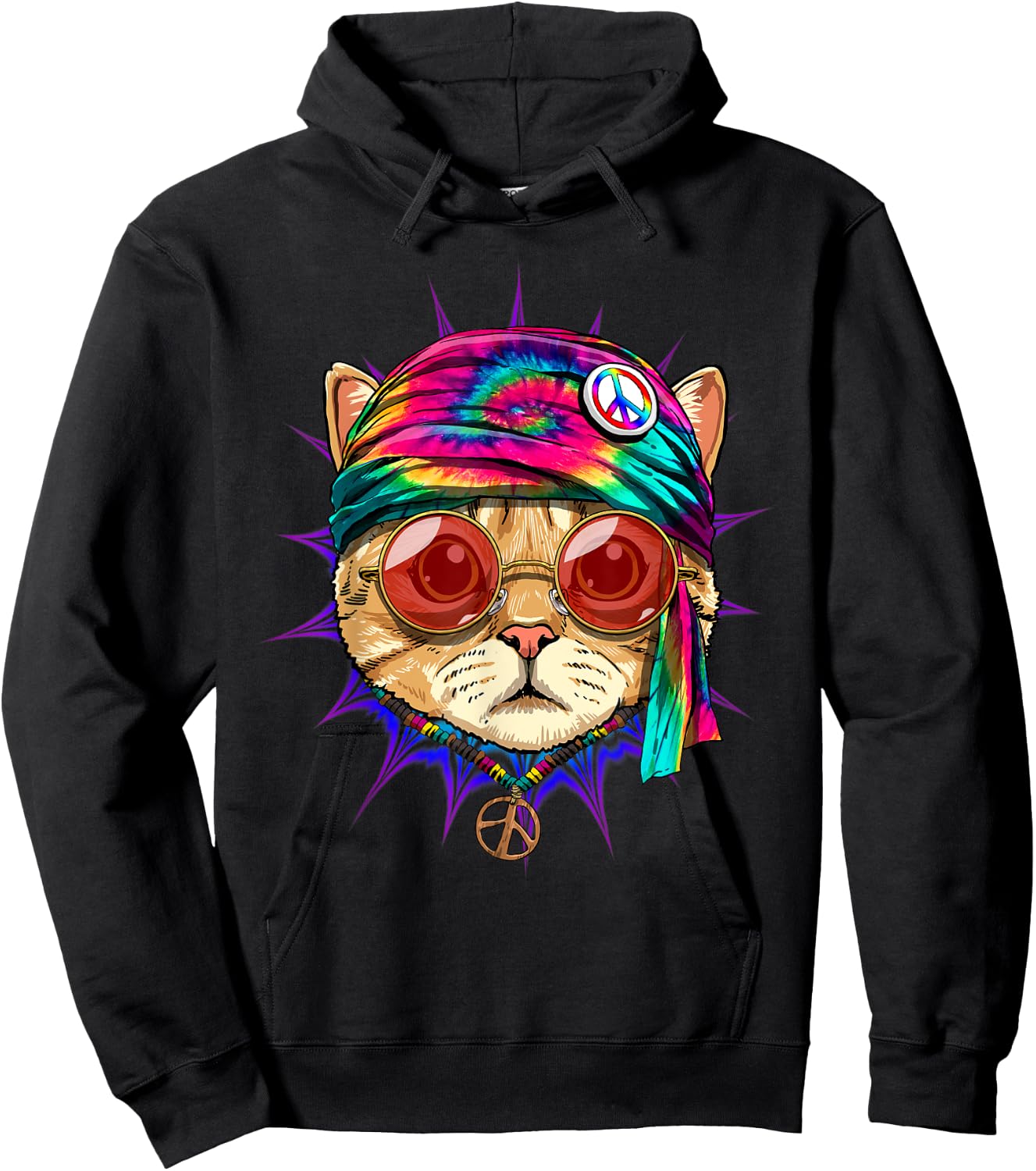 Tie Dye Cat Shirt Hippy Cat Peace Sign Cat Lover Hoodie - Hoodie | Black
