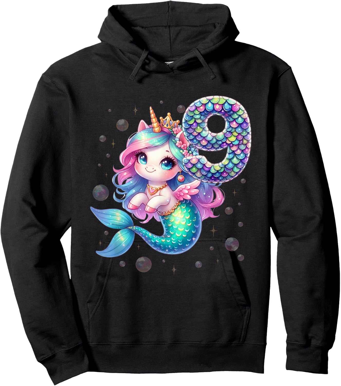 Unicorn Mermaid 9th Birthday 9 Year Old Party Girls Outfit Hoodie - Hoodie | Black