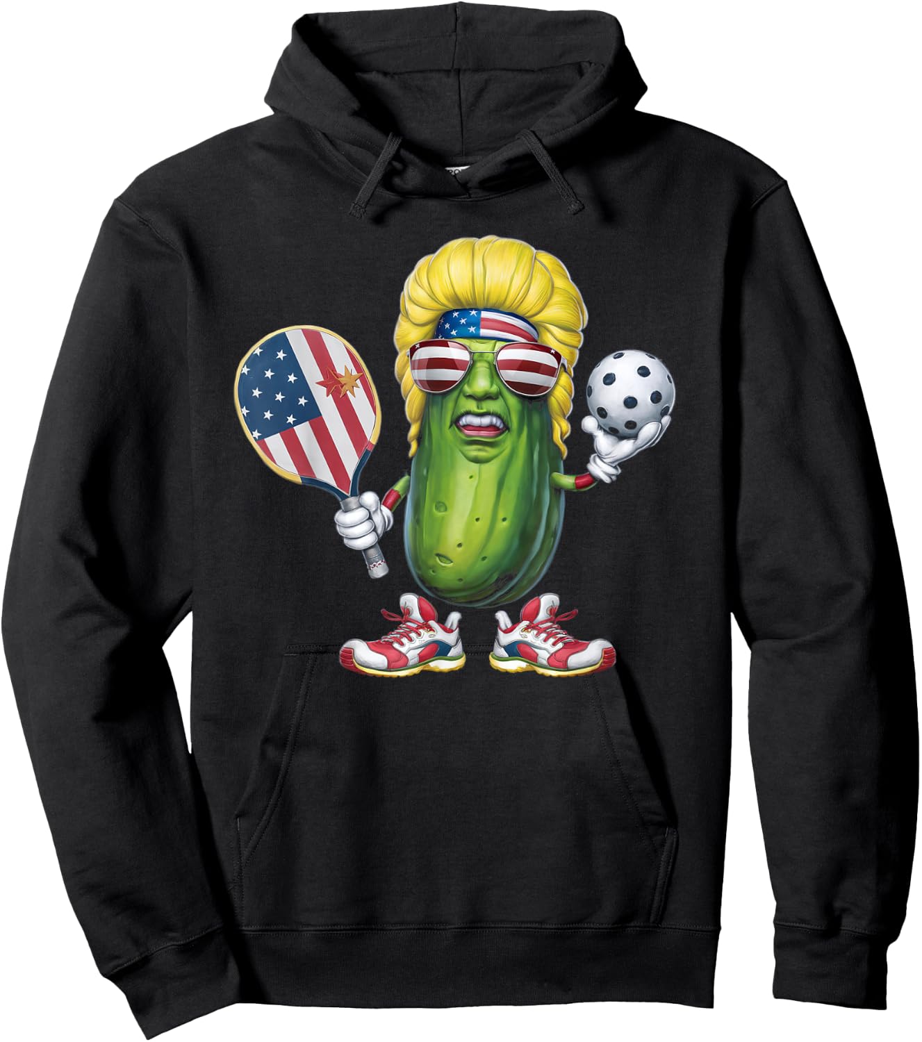 Funny Patriotic Pickle Player Playing Pickleball Game Trump Hoodie - Hoodie | Black