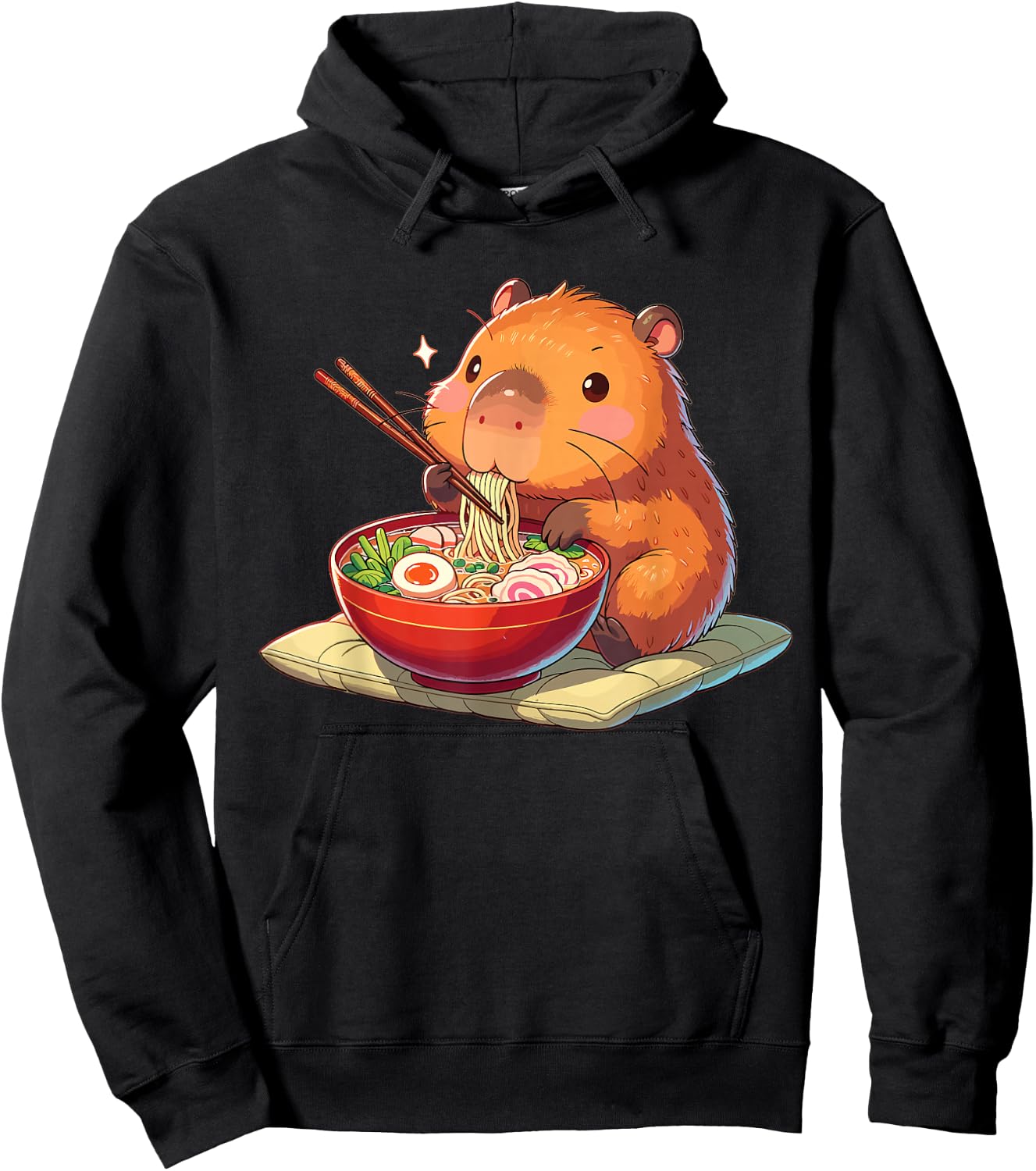 Cute Capybara Eats Ramen Noodles Capybaras Ramen , black Hoodie - Hoodie | Black