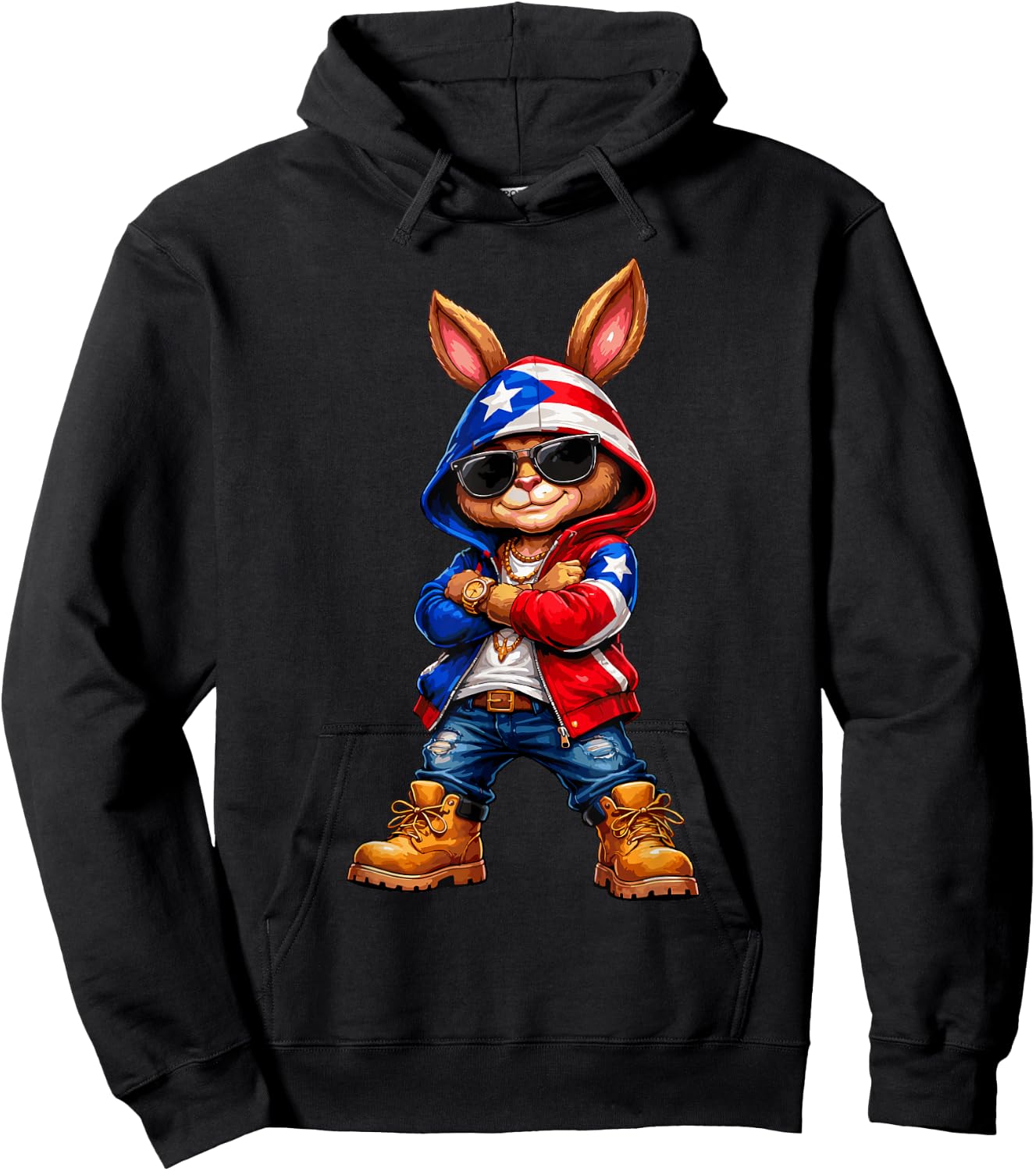 Cool Bunny Puerto Rican Flag Funny RABIT Vibes Boricua Hoodie - Hoodie | Black