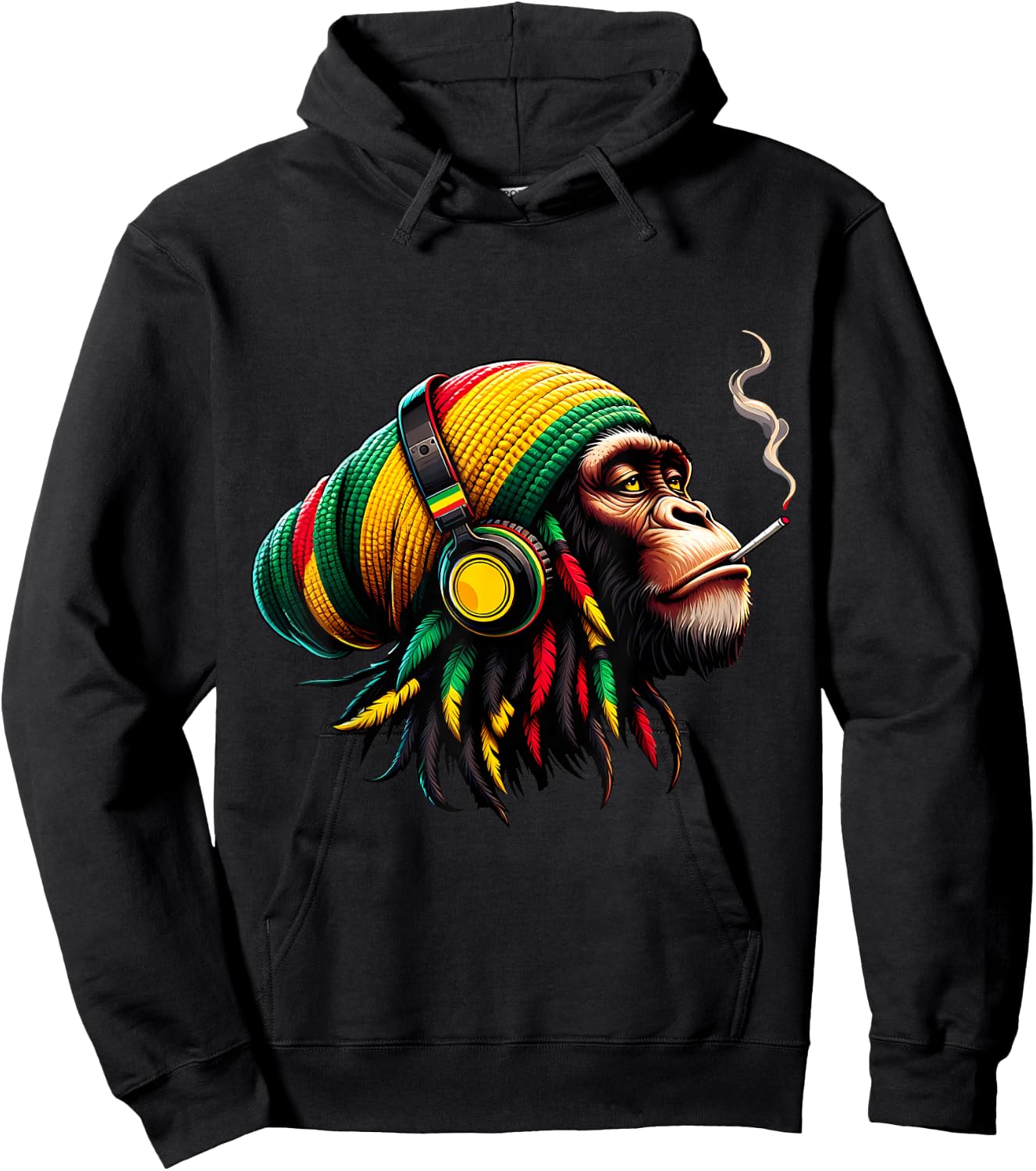 Jamaica Roots Reggae Chimpanzee Headphones Rastafari Monkey , black Hoodie - Hoodie | Black